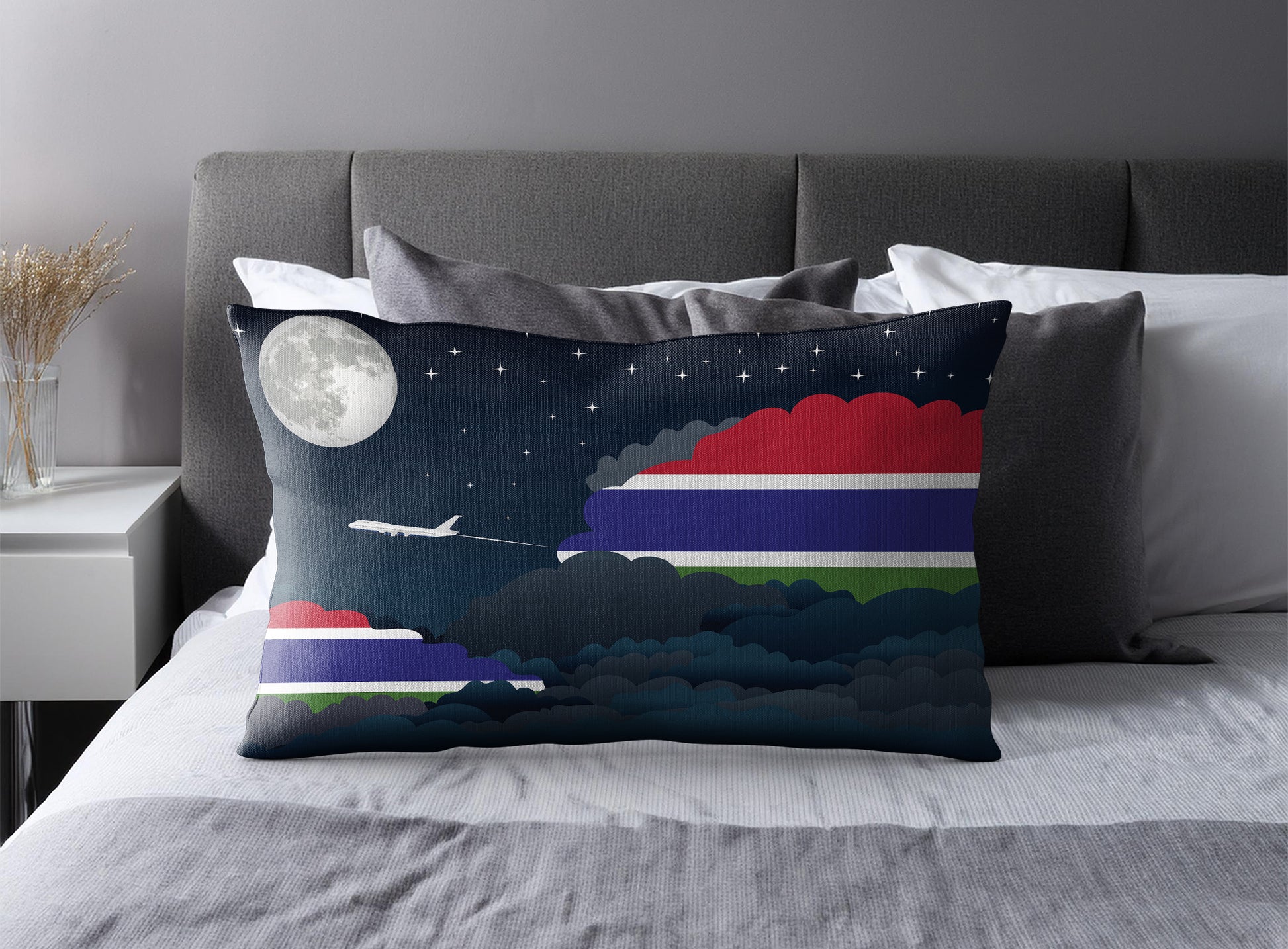 Gambia World Airplane Night Clouds Square & Rectangle Pillow Cases | Aviation Night Sky Pillow Covers