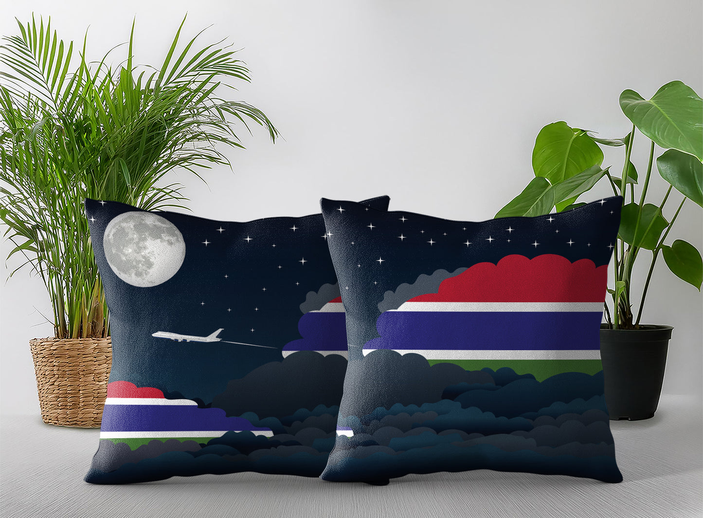 Gambia World Airplane Night Clouds Square & Rectangle Pillow Cases | Aviation Night Sky Pillow Covers