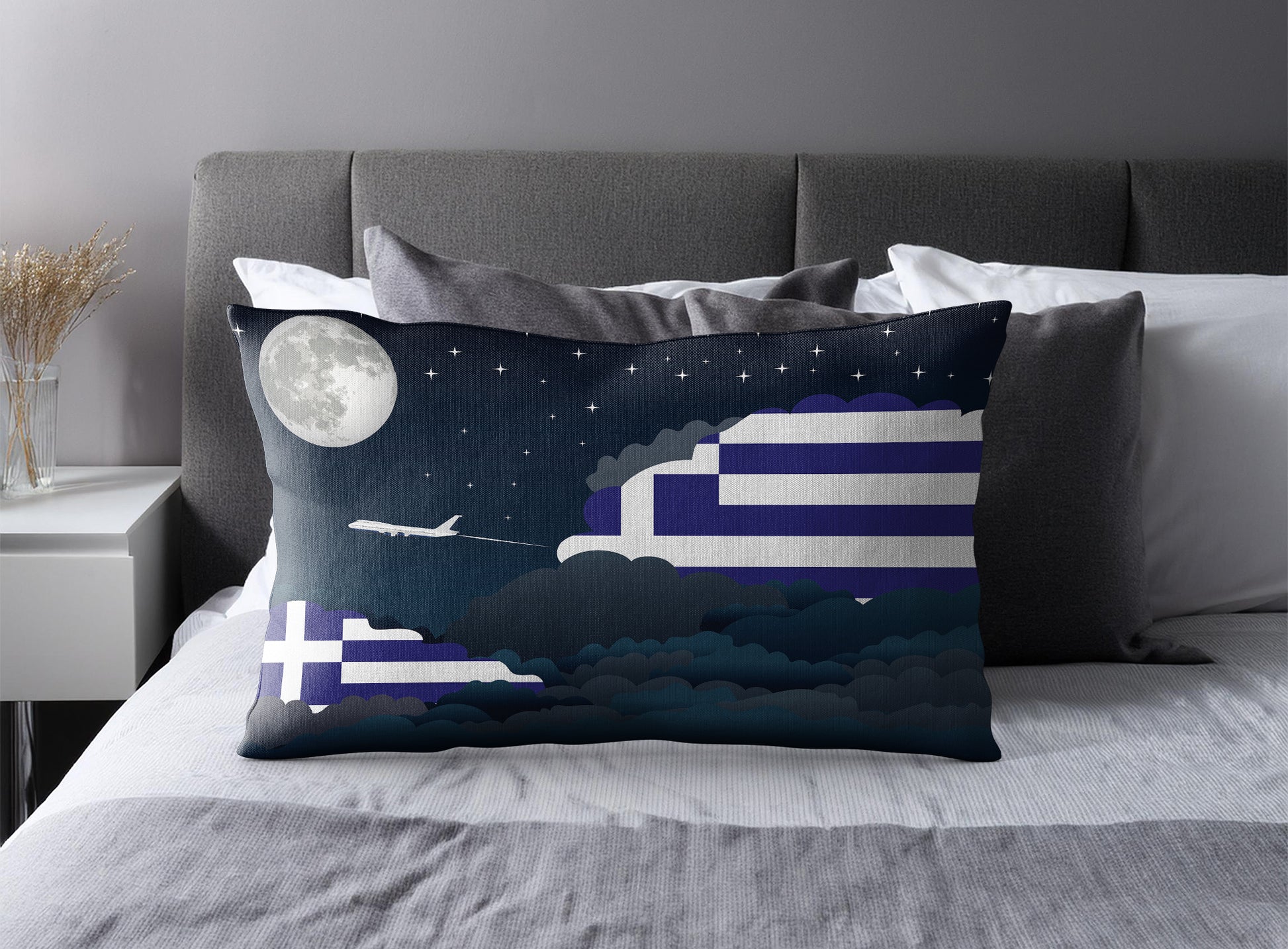 Greece World Airplane Night Clouds Square & Rectangle Pillow Cases | Aviation Night Sky Pillow Covers