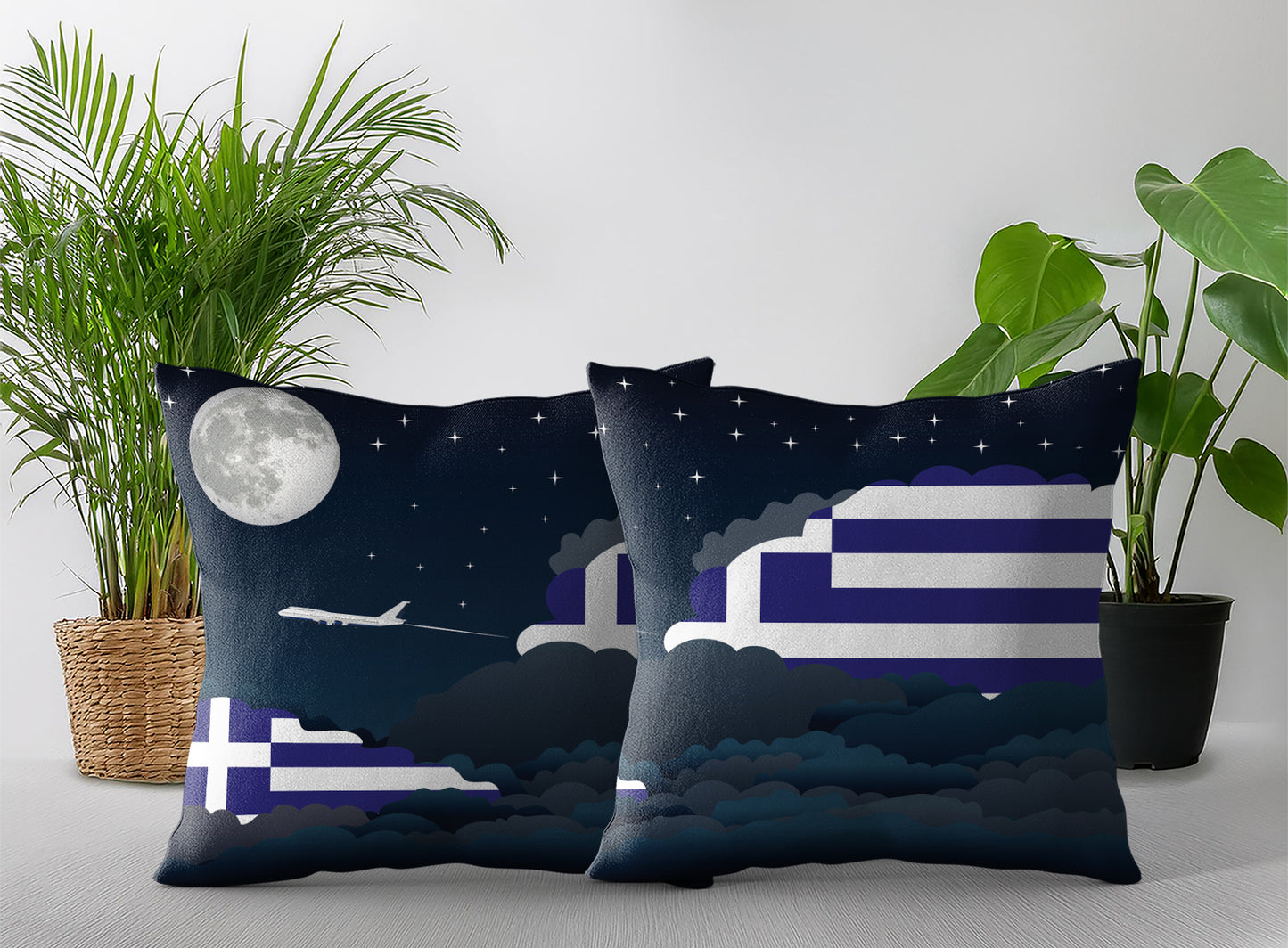 Greece World Airplane Night Clouds Square & Rectangle Pillow Cases | Aviation Night Sky Pillow Covers