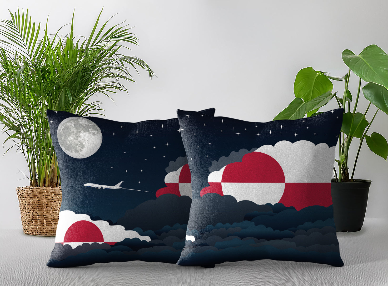 Greenland World Airplane Night Clouds Square & Rectangle Pillow Cases | Aviation Night Sky Pillow Covers