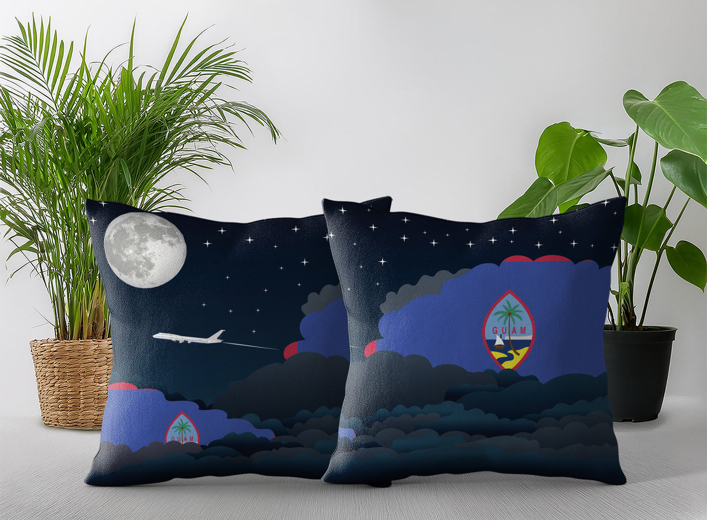 Guam World Airplane Night Clouds Square & Rectangle Pillow Cases | Aviation Night Sky Pillow Covers
