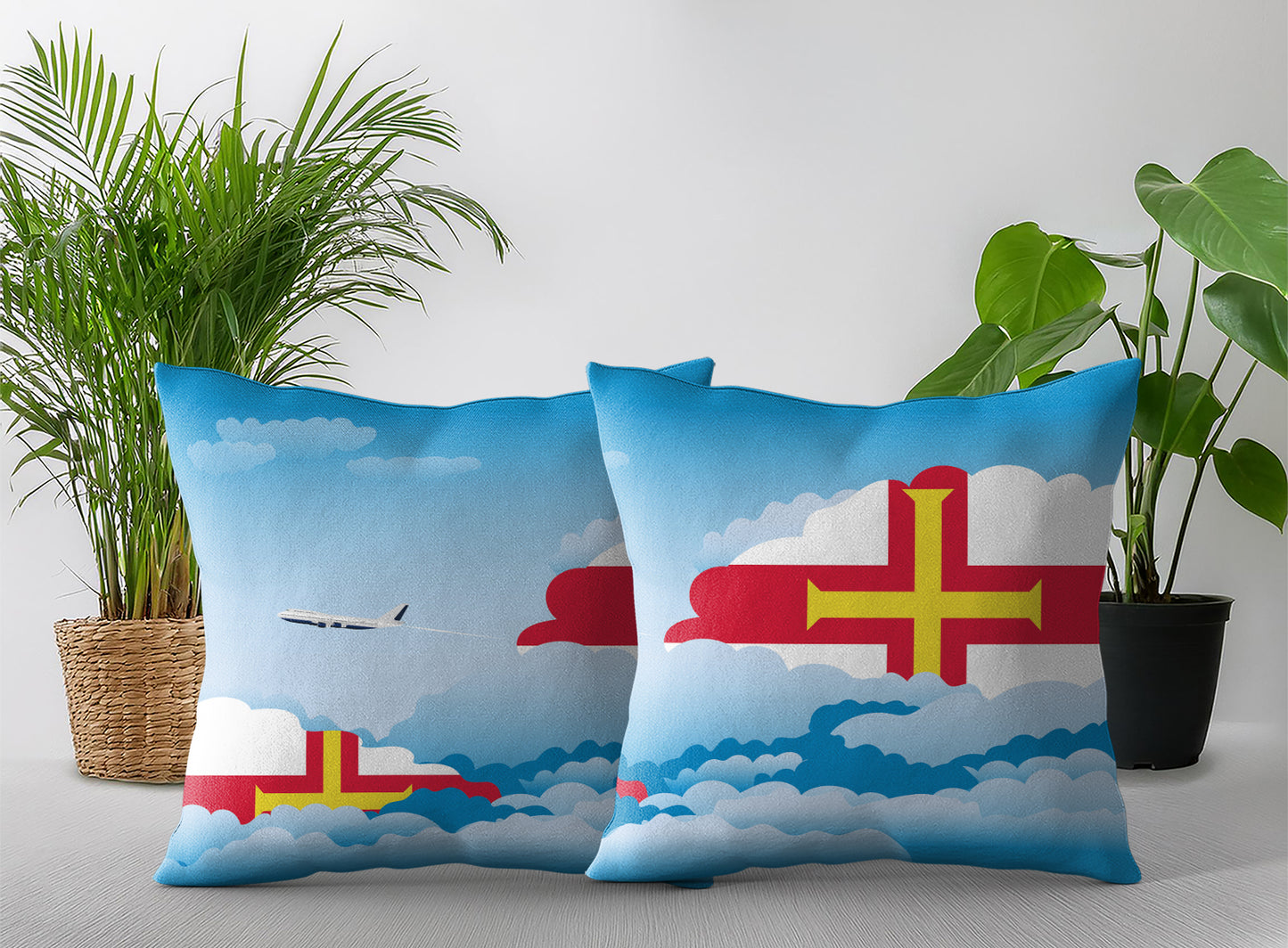 Guernsey World Airplane Day Clouds Square & Rectangle Pillow Cases | Aviation Decorative Pillow Covers