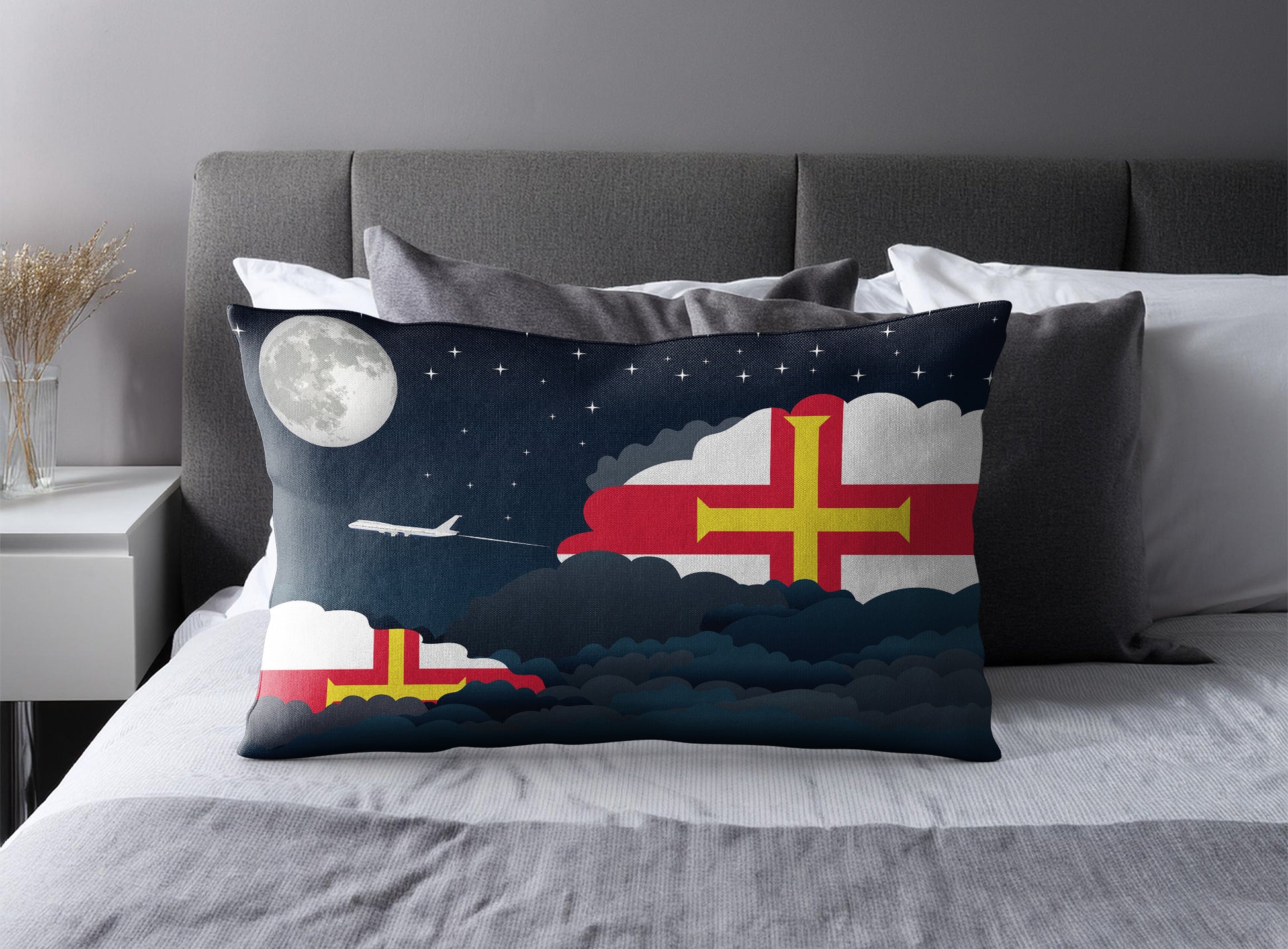 Guernsey World Airplane Night Clouds Square & Rectangle Pillow Cases | Aviation Night Sky Pillow Covers