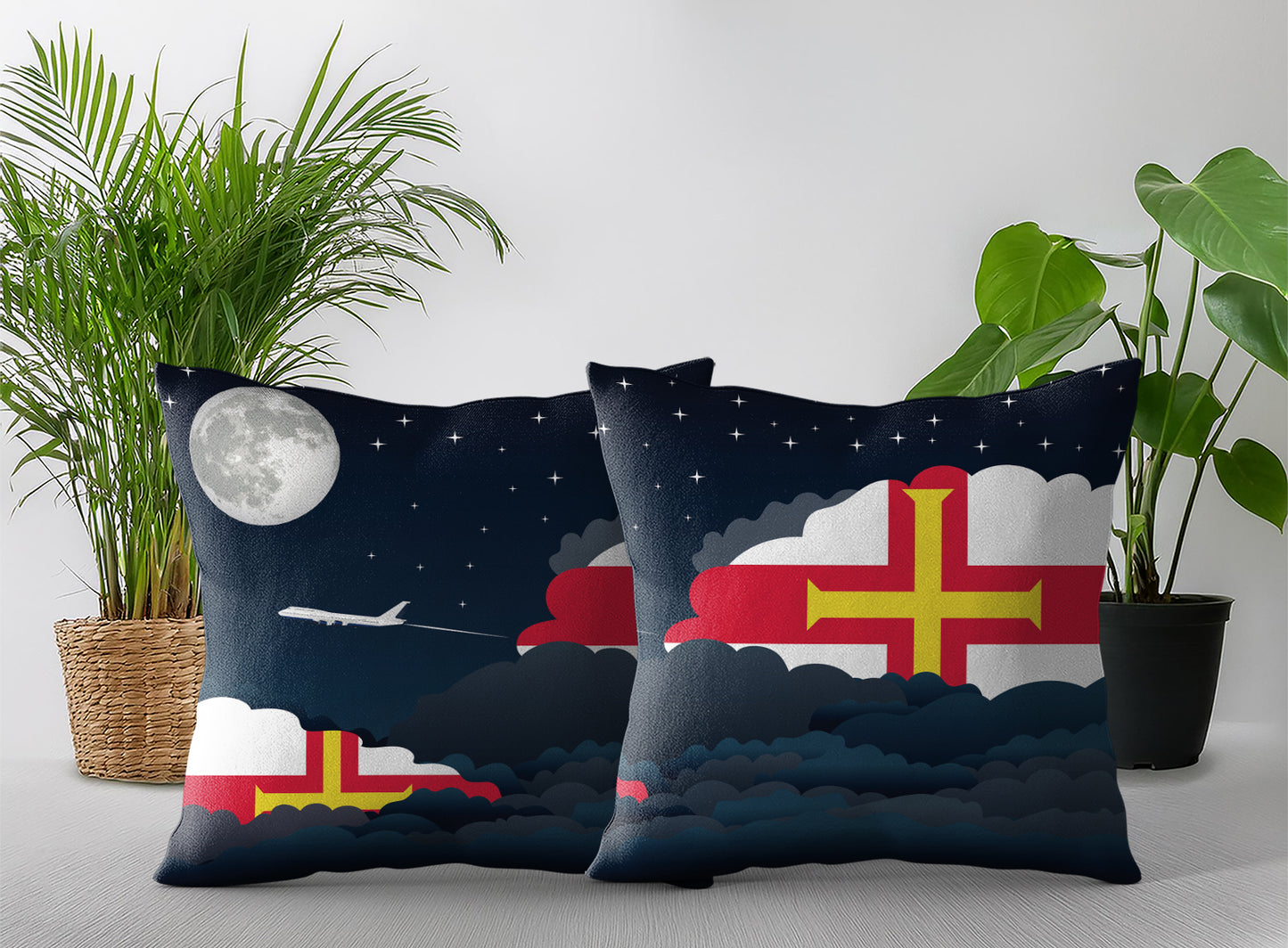 Guernsey World Airplane Night Clouds Square & Rectangle Pillow Cases | Aviation Night Sky Pillow Covers