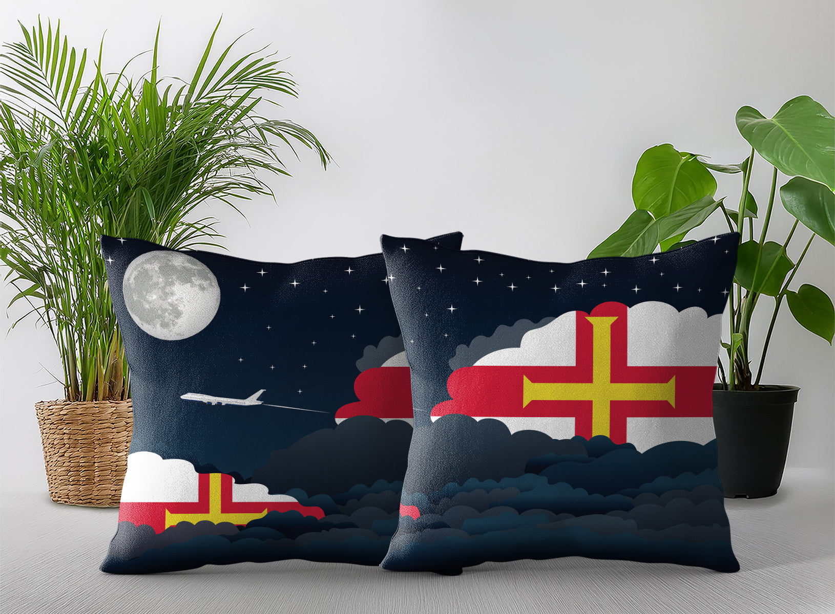 Guernsey World Airplane Night Clouds Square & Rectangle Pillow Cases | Aviation Night Sky Pillow Covers