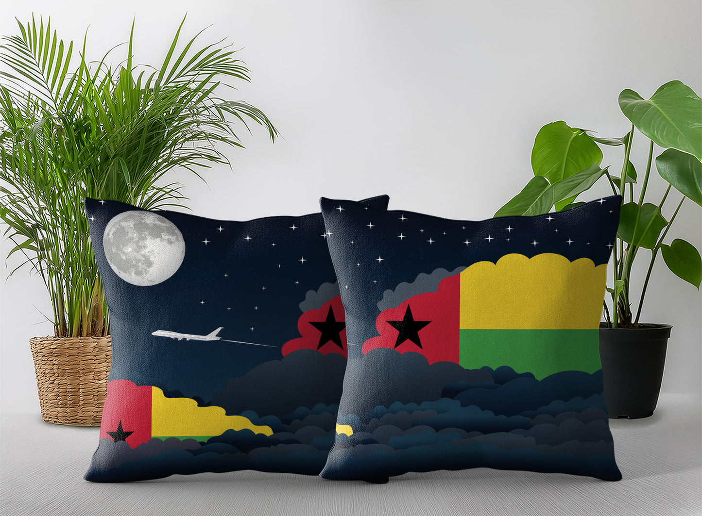 Guinea Bissau World Airplane Night Clouds Square & Rectangle Pillow Cases | Aviation Night Sky Pillow Covers