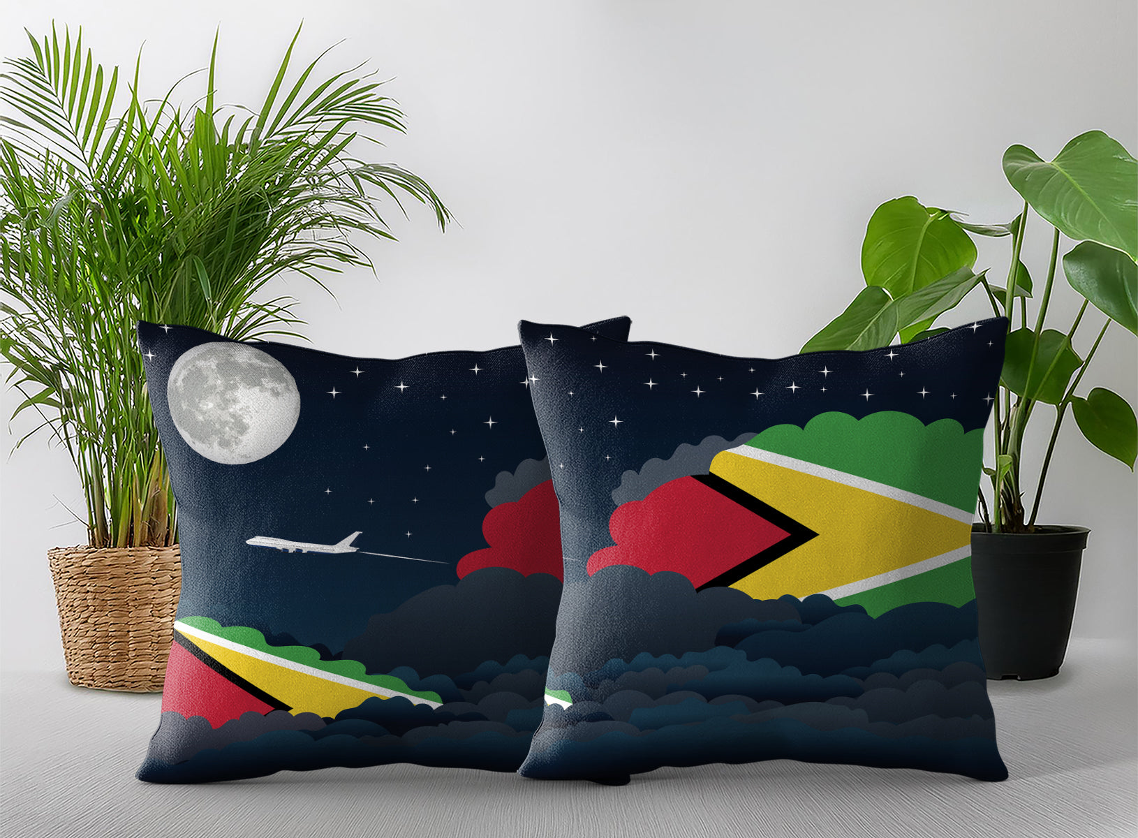 Guyana World Airplane Night Clouds Square & Rectangle Pillow Cases | Aviation Night Sky Pillow Covers