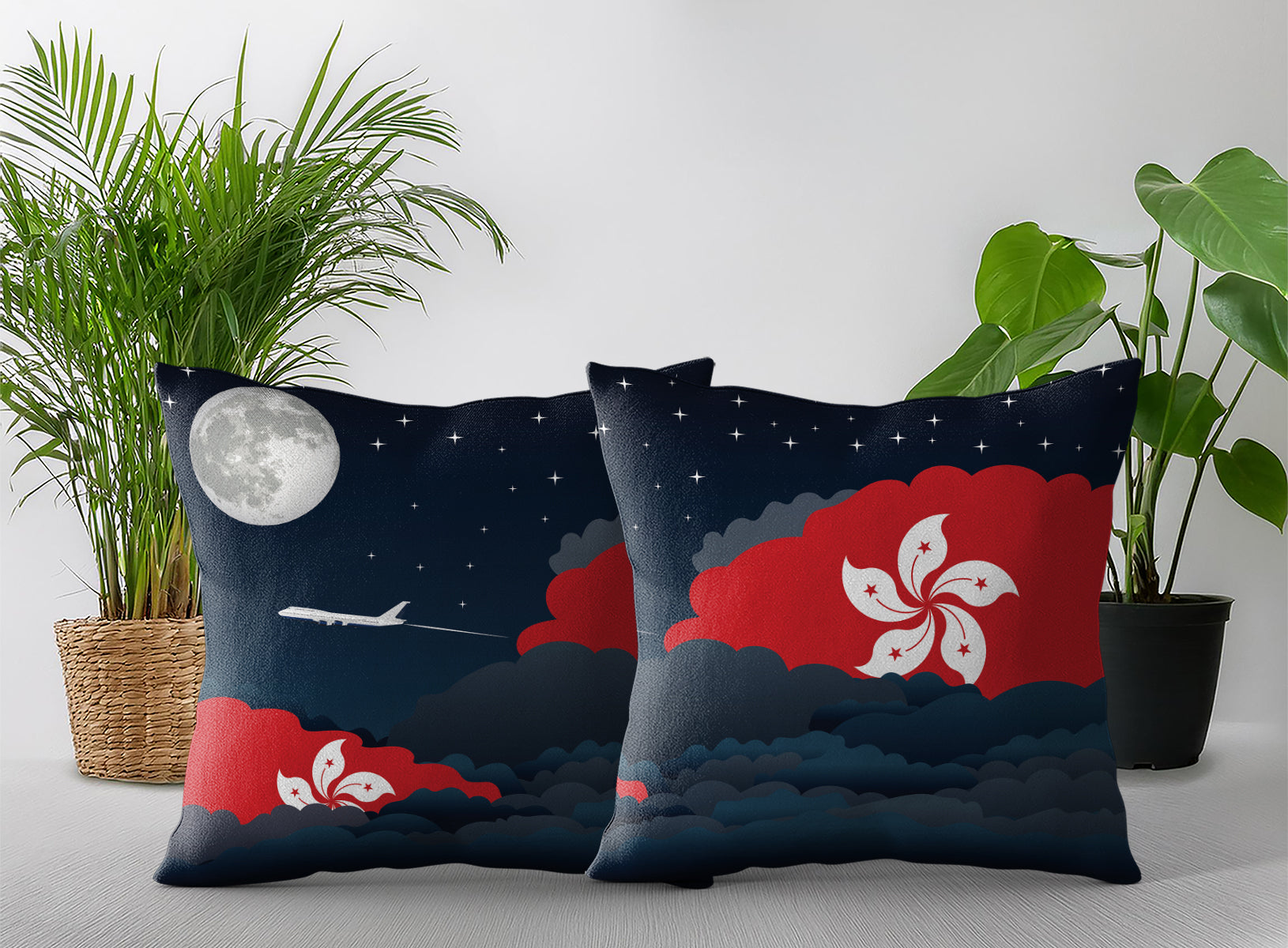 Hong Kong World Airplane Night Clouds Square & Rectangle Pillow Cases | Aviation Night Sky Pillow Covers