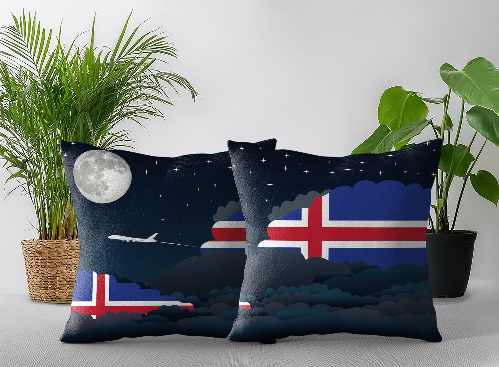 Iceland World Airplane Night Clouds Square & Rectangle Pillow Cases | Aviation Night Sky Pillow Covers