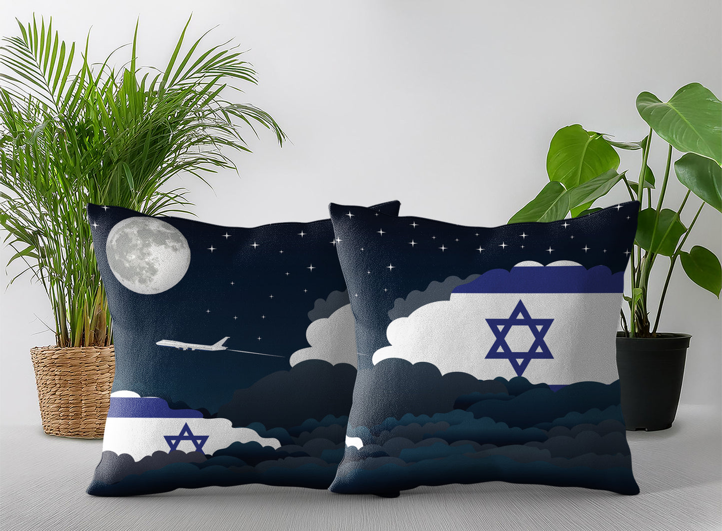 Israel World Airplane Night Clouds Square & Rectangle Pillow Cases | Aviation Night Sky Pillow Covers