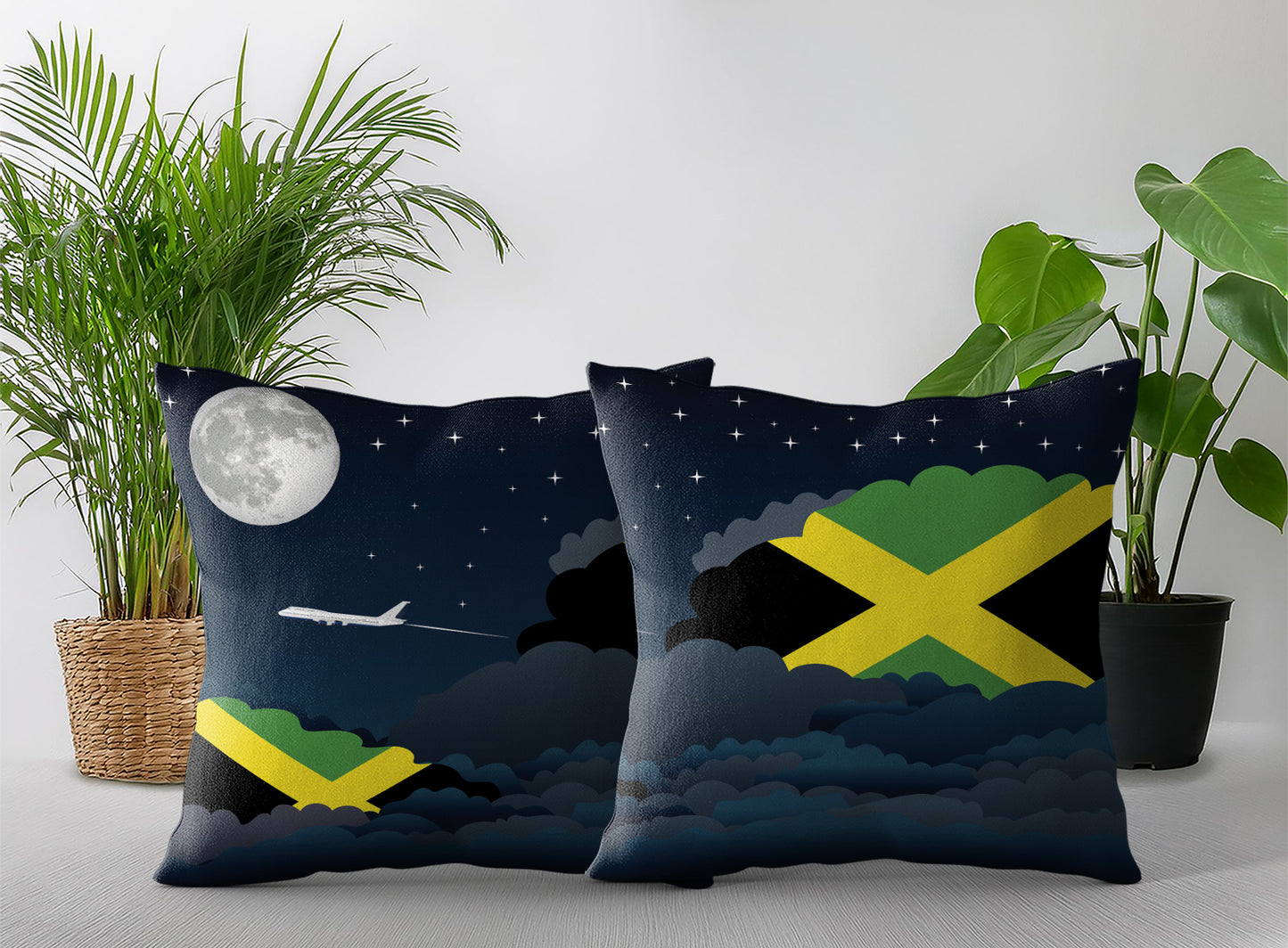 Jamaica World Airplane Night Clouds Square & Rectangle Pillow Cases | Aviation Night Sky Pillow Covers