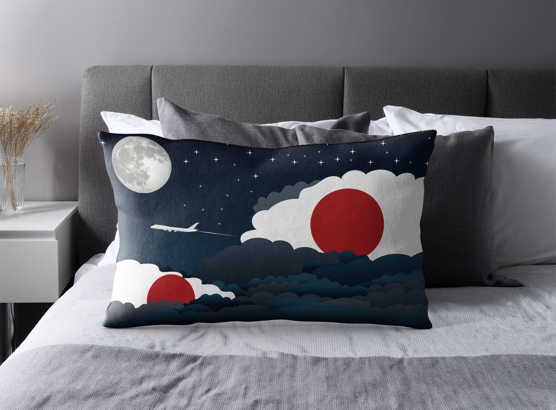 Japan World Airplane Night Clouds Square & Rectangle Pillow Cases | Aviation Night Sky Pillow Covers