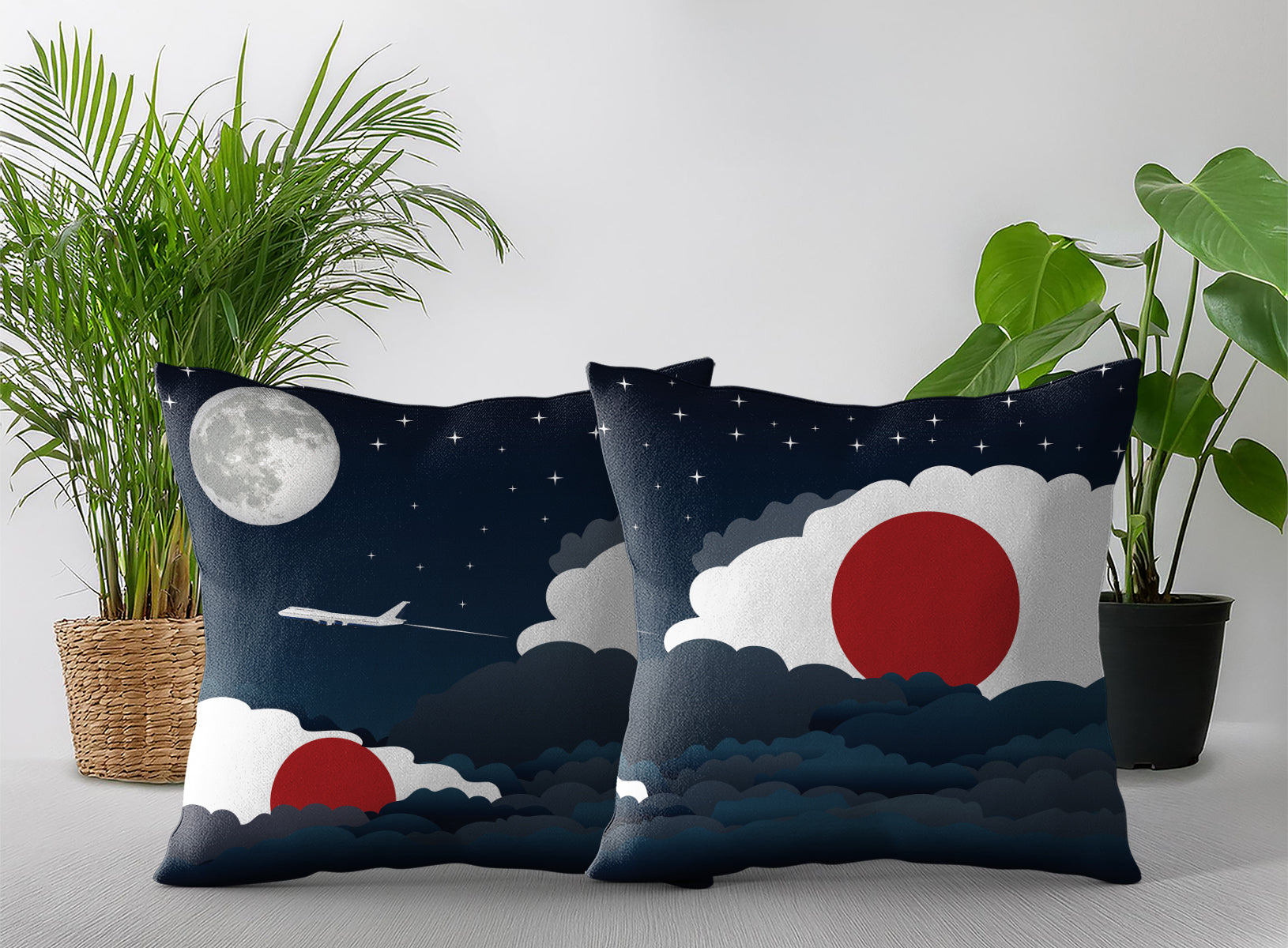 Japan World Airplane Night Clouds Square & Rectangle Pillow Cases | Aviation Night Sky Pillow Covers