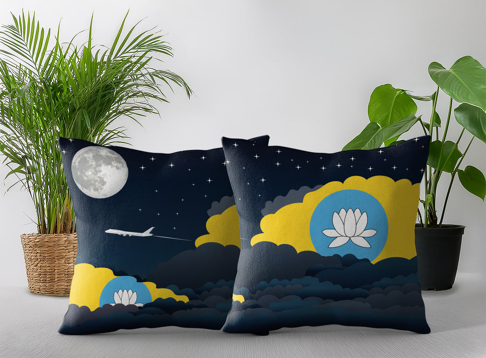 Kalmykia World Airplane Night Clouds Square & Rectangle Pillow Cases | Aviation Night Sky Pillow Covers