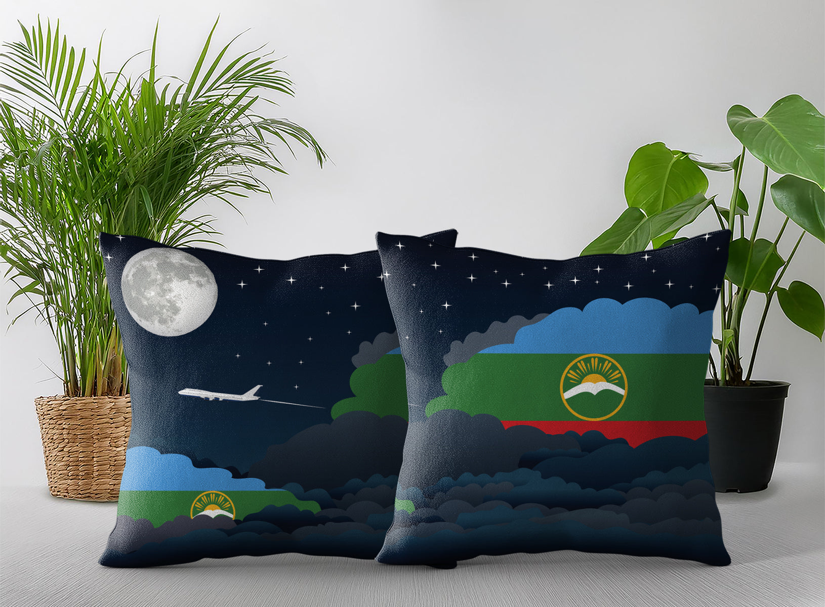Karachay Cherkessia World Airplane Night Clouds Square & Rectangle Pillow Cases | Aviation Night Sky Pillow Covers