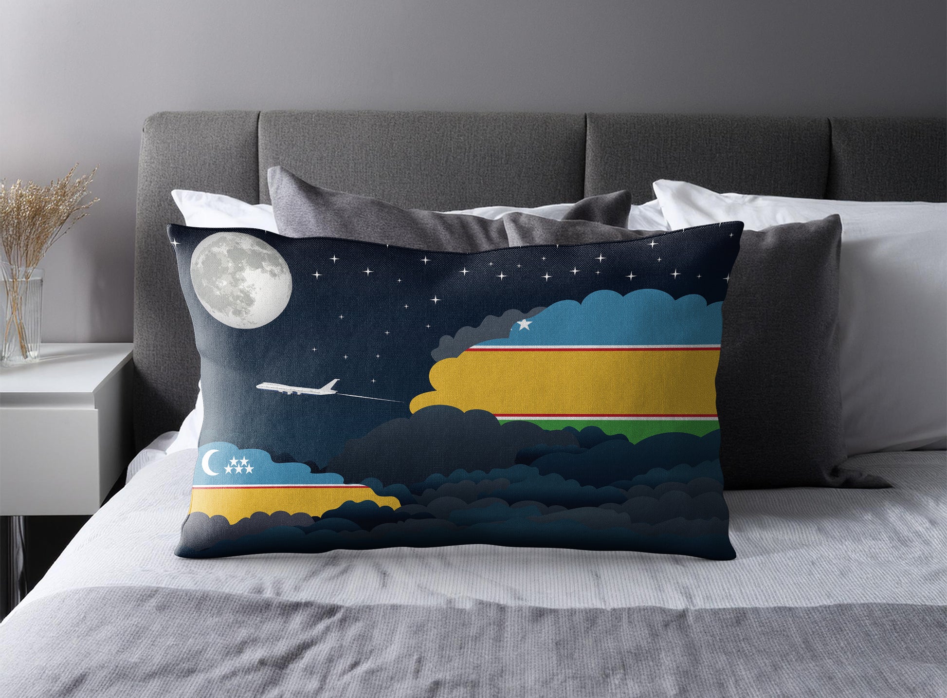 Karakalpakstan World Airplane Night Clouds Square & Rectangle Pillow Cases | Aviation Night Sky Pillow Covers