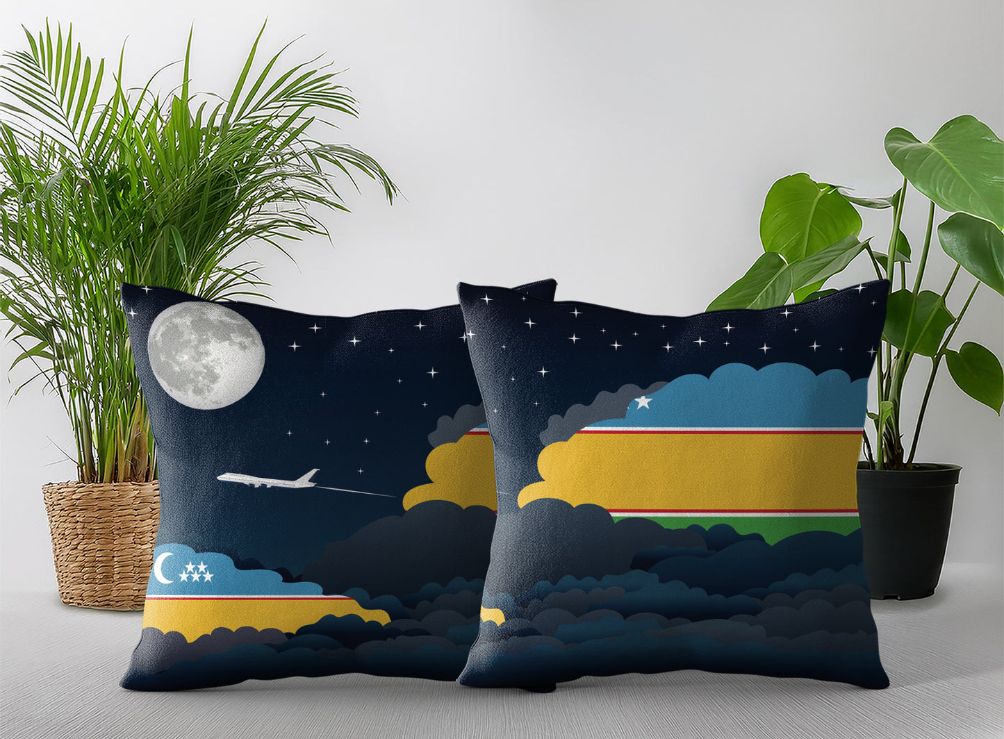 Karakalpakstan World Airplane Night Clouds Square & Rectangle Pillow Cases | Aviation Night Sky Pillow Covers
