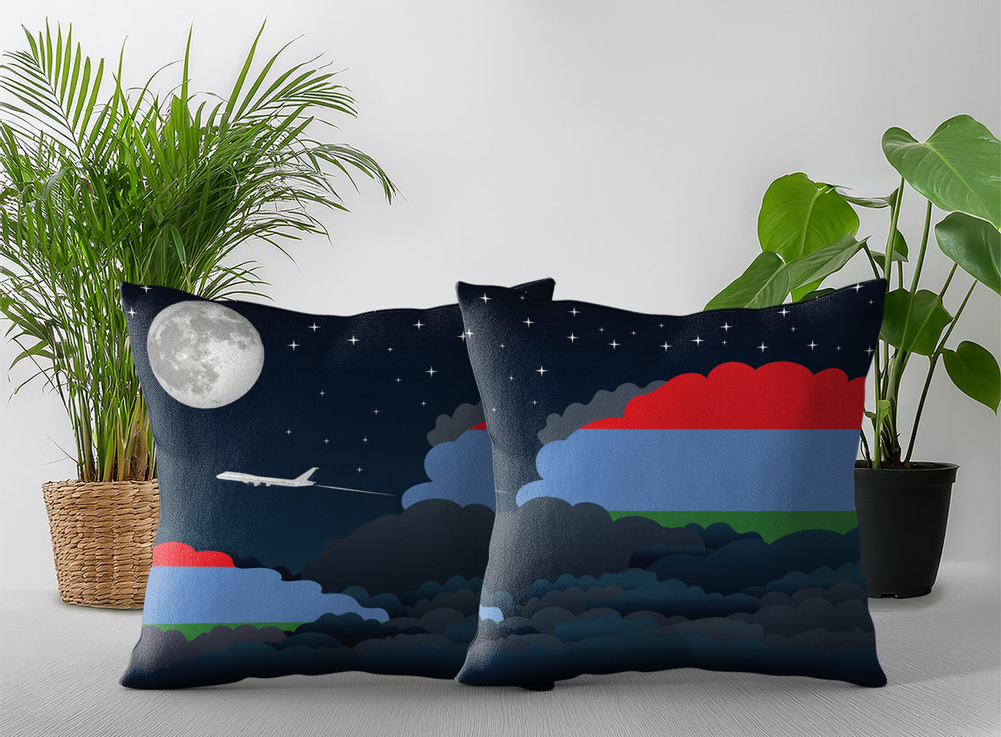 Karelia World Airplane Night Clouds Square & Rectangle Pillow Cases | Aviation Night Sky Pillow Covers