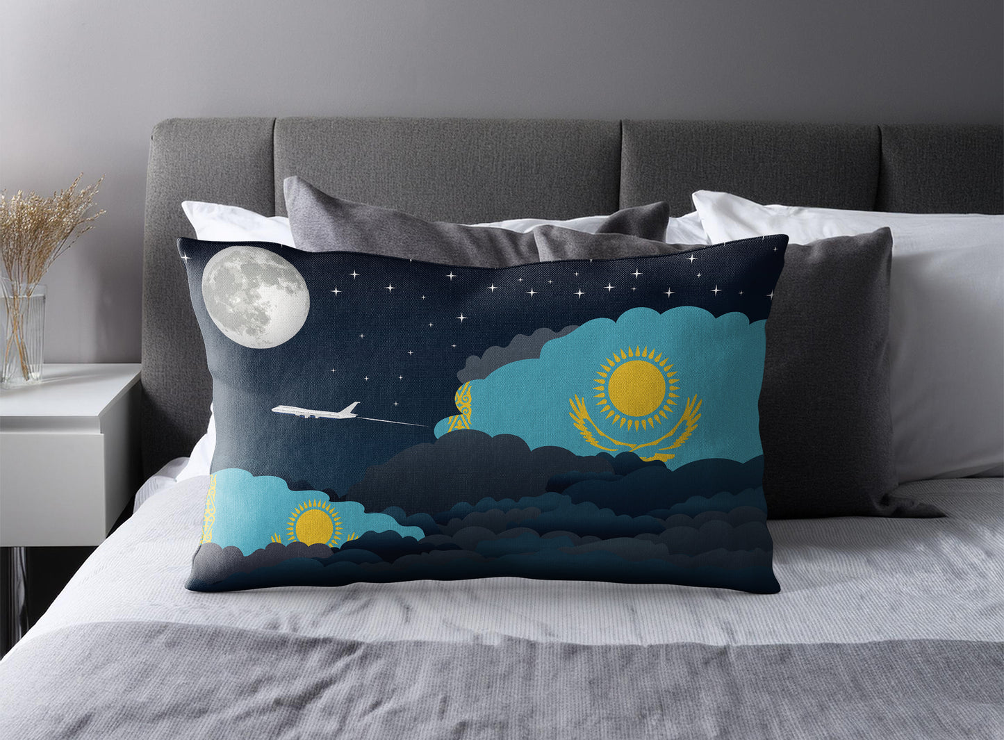 Kazakhstan World Airplane Night Clouds Square & Rectangle Pillow Cases | Aviation Night Sky Pillow Covers