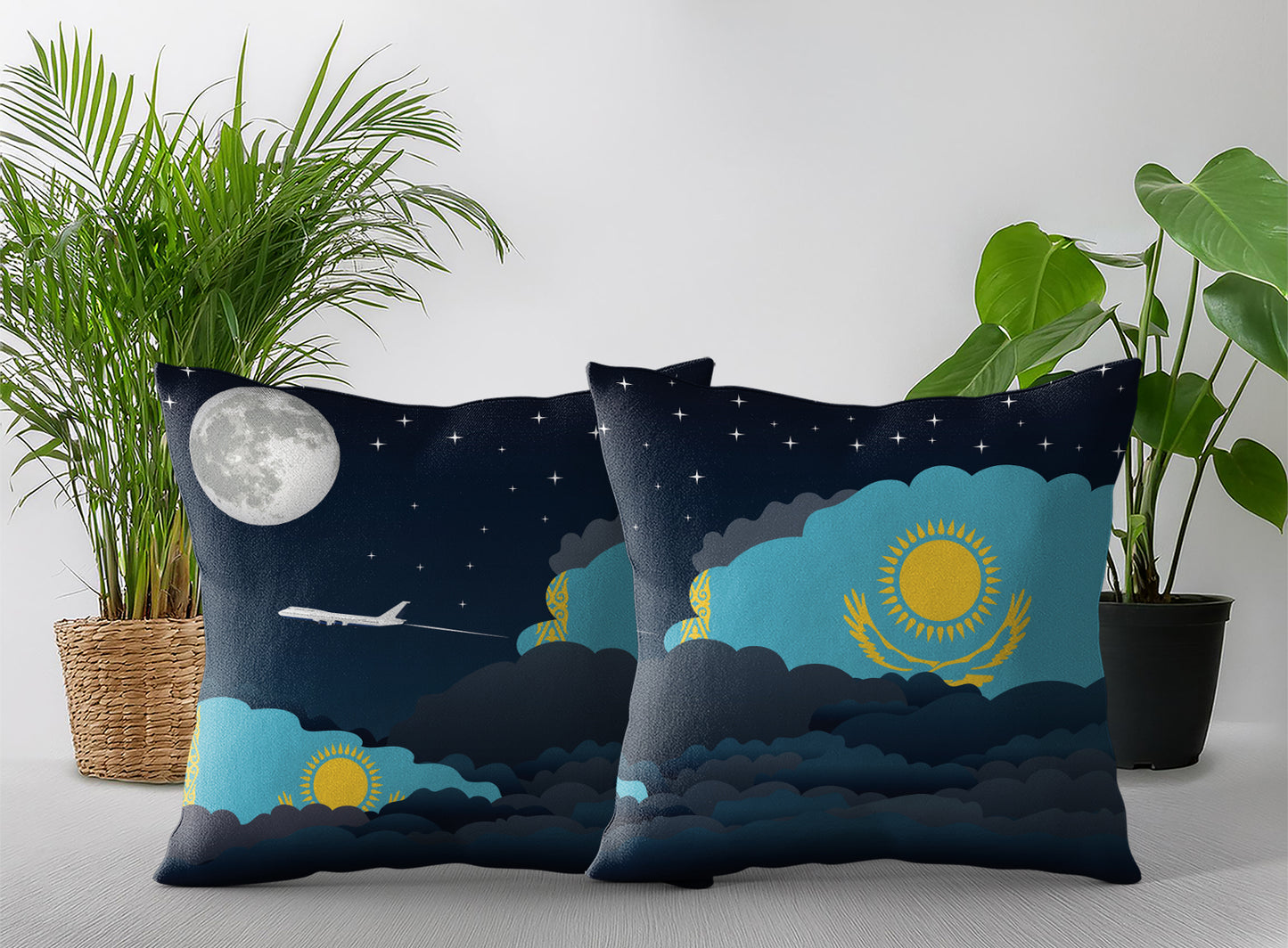 Kazakhstan World Airplane Night Clouds Square & Rectangle Pillow Cases | Aviation Night Sky Pillow Covers