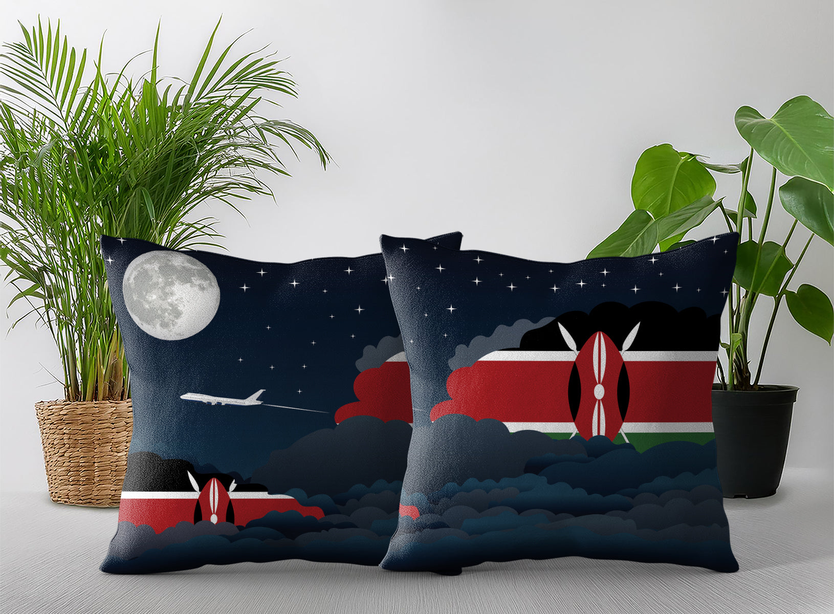 Kenya World Airplane Night Clouds Square & Rectangle Pillow Cases | Aviation Night Sky Pillow Covers