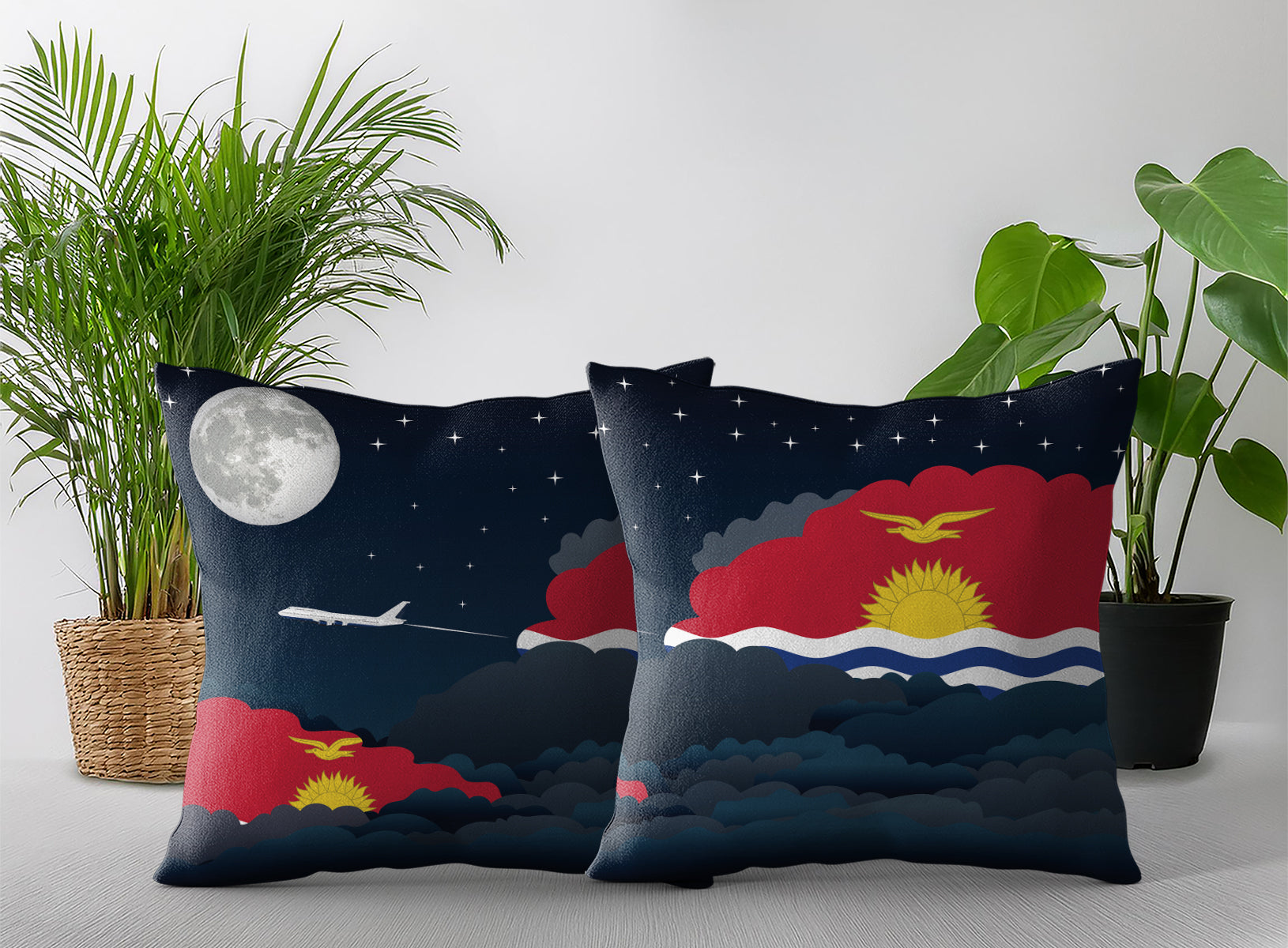 Kiribati World Airplane Night Clouds Square & Rectangle Pillow Cases | Aviation Night Sky Pillow Covers