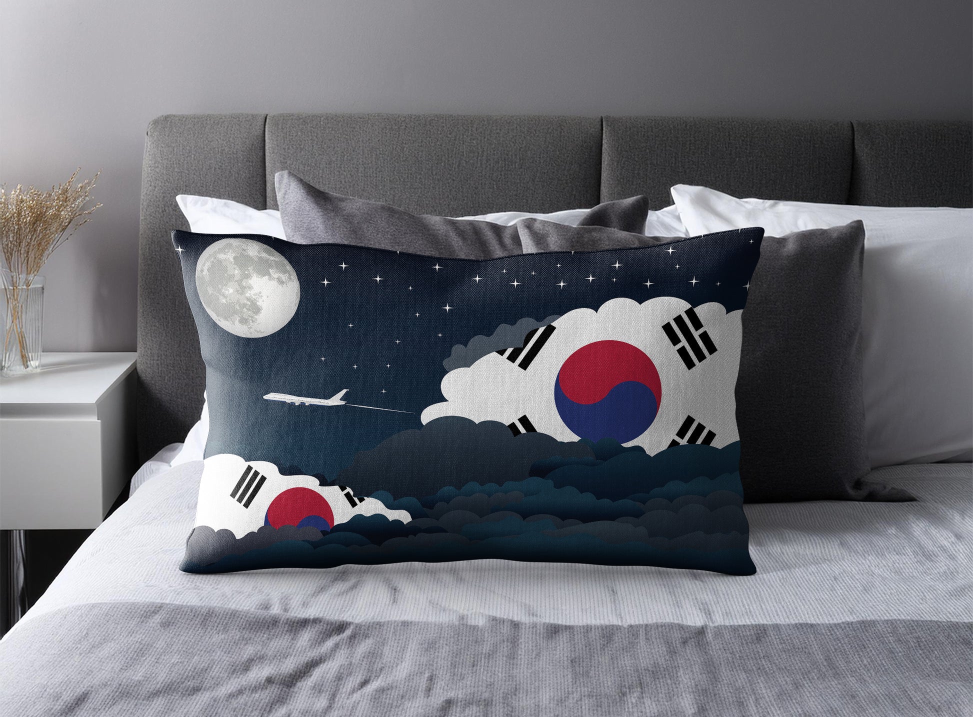 Korea South World Airplane Night Clouds Square & Rectangle Pillow Cases | Aviation Night Sky Pillow Covers
