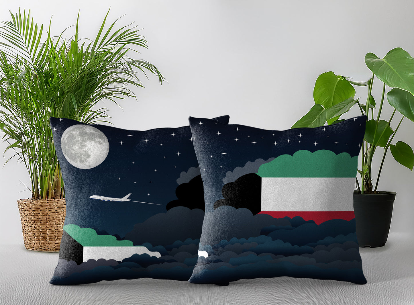 Kuwait World Airplane Night Clouds Square & Rectangle Pillow Cases | Aviation Night Sky Pillow Covers
