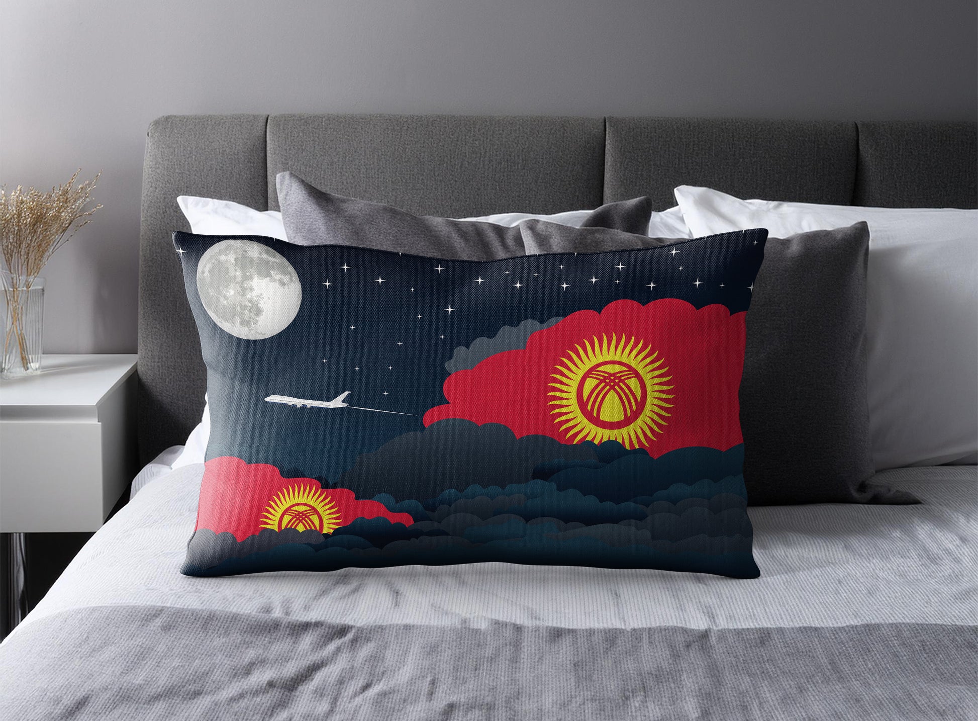 Kyrgyzstan World Airplane Night Clouds Square & Rectangle Pillow Cases | Aviation Night Sky Pillow Covers