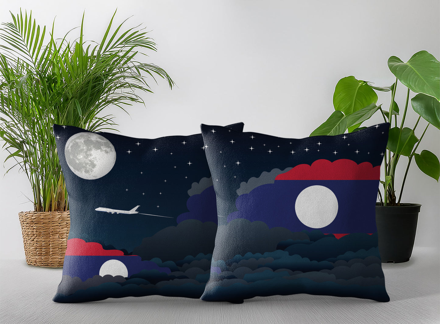 Laos World Airplane Night Clouds Square & Rectangle Pillow Cases | Aviation Night Sky Pillow Covers