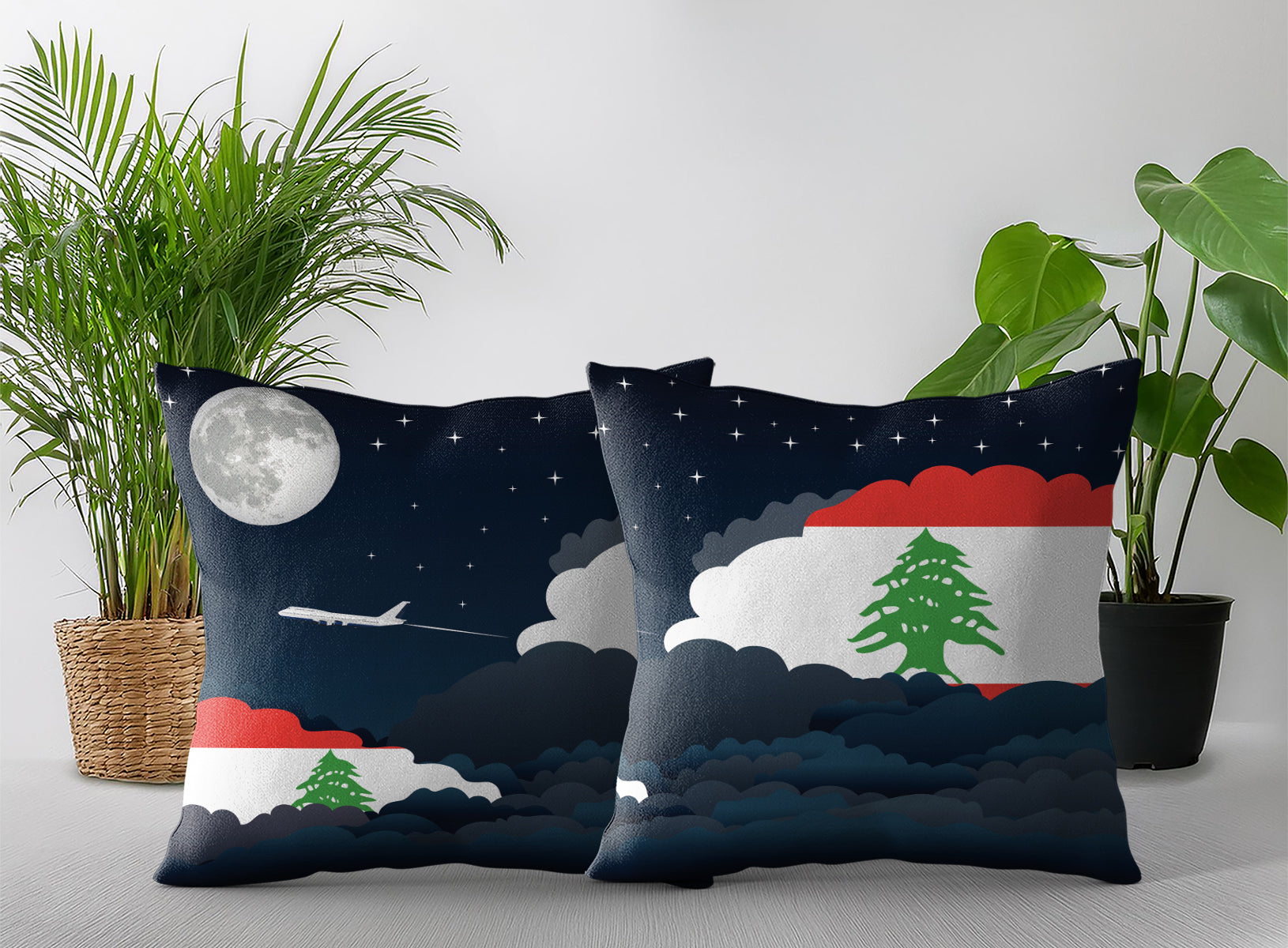 Lebanon World Airplane Night Clouds Square & Rectangle Pillow Cases | Aviation Night Sky Pillow Covers