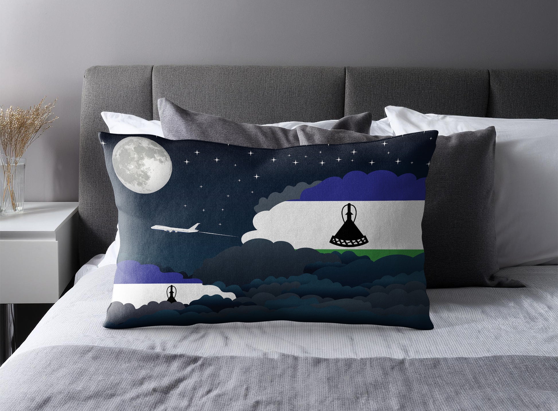 Lesotho World Airplane Night Clouds Square & Rectangle Pillow Cases | Aviation Night Sky Pillow Covers
