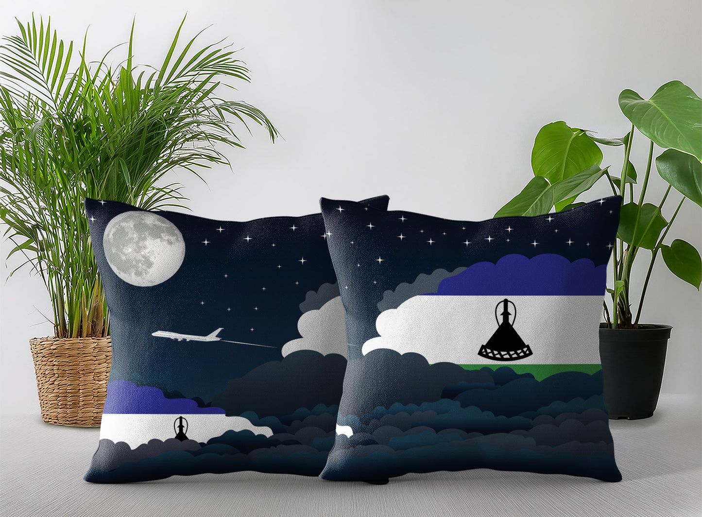 Lesotho World Airplane Night Clouds Square & Rectangle Pillow Cases | Aviation Night Sky Pillow Covers