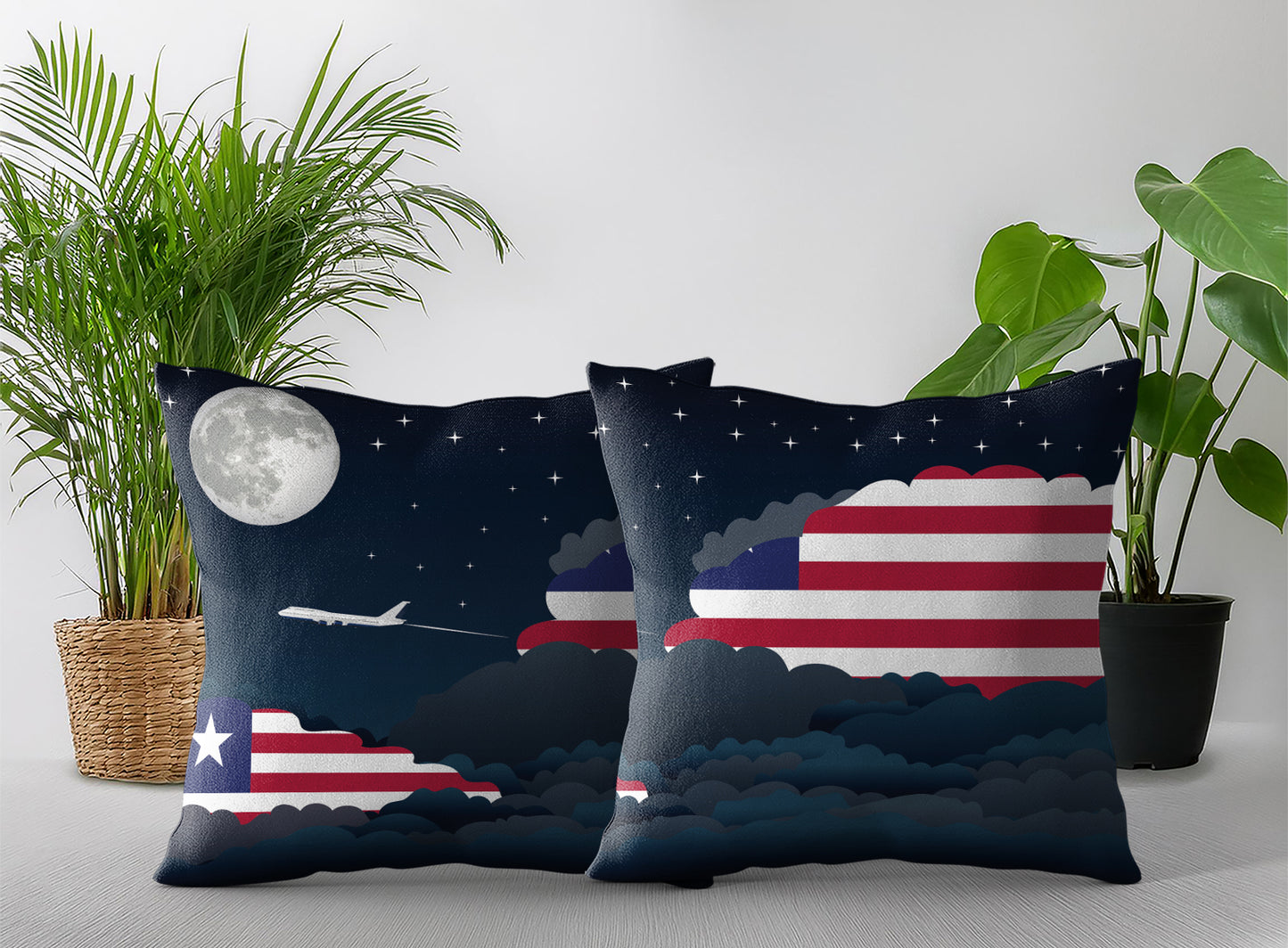 Liberia World Airplane Night Clouds Square & Rectangle Pillow Cases | Aviation Night Sky Pillow Covers