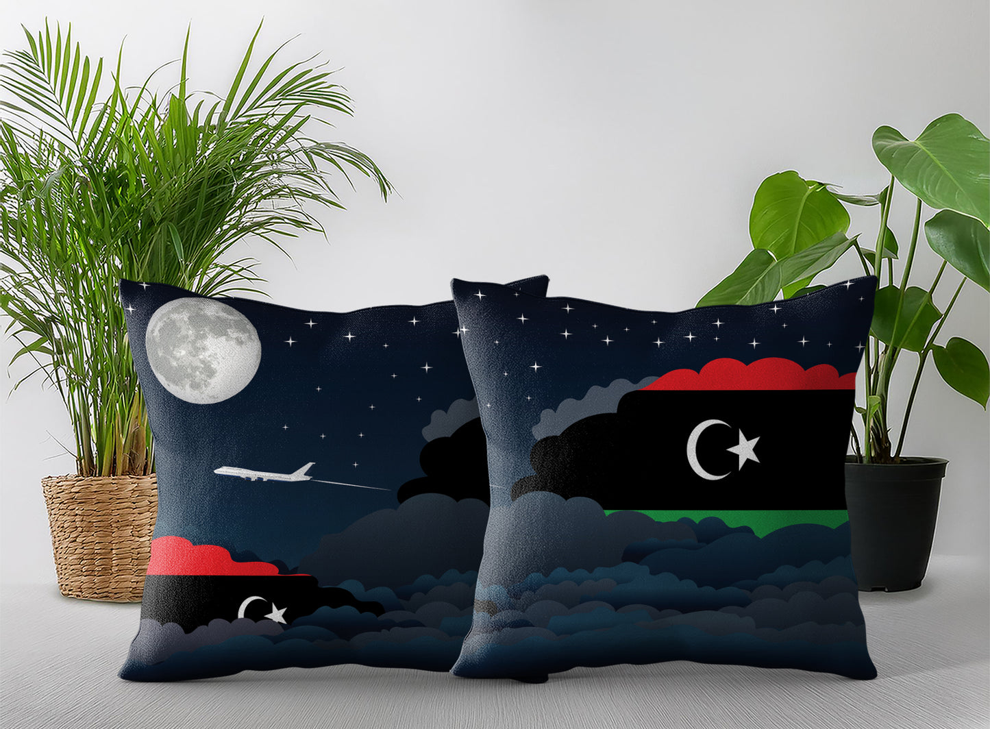Libya World Airplane Night Clouds Square & Rectangle Pillow Cases | Aviation Night Sky Pillow Covers