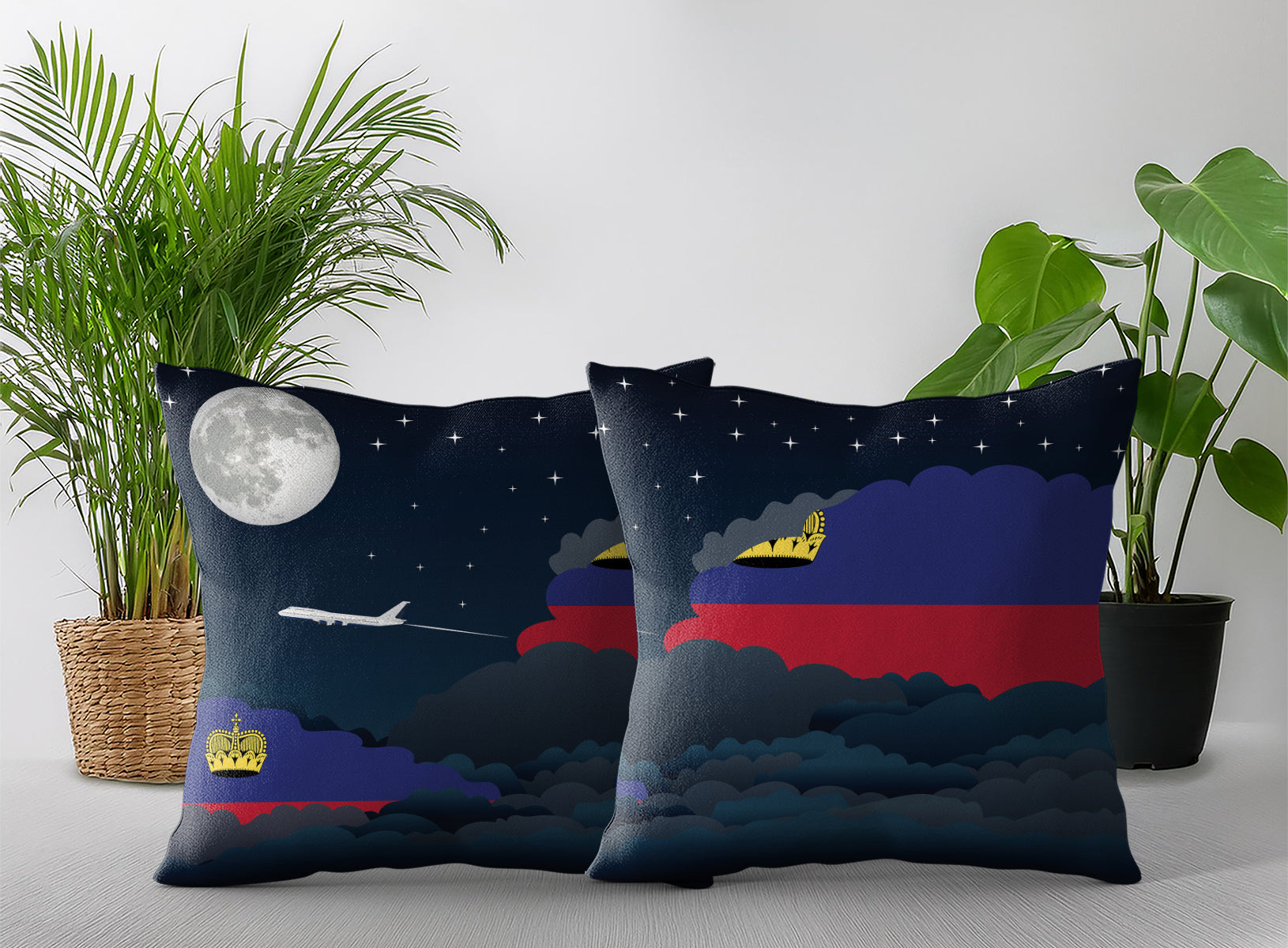 Liechtenstein World Airplane Night Clouds Square & Rectangle Pillow Cases | Aviation Night Sky Pillow Covers