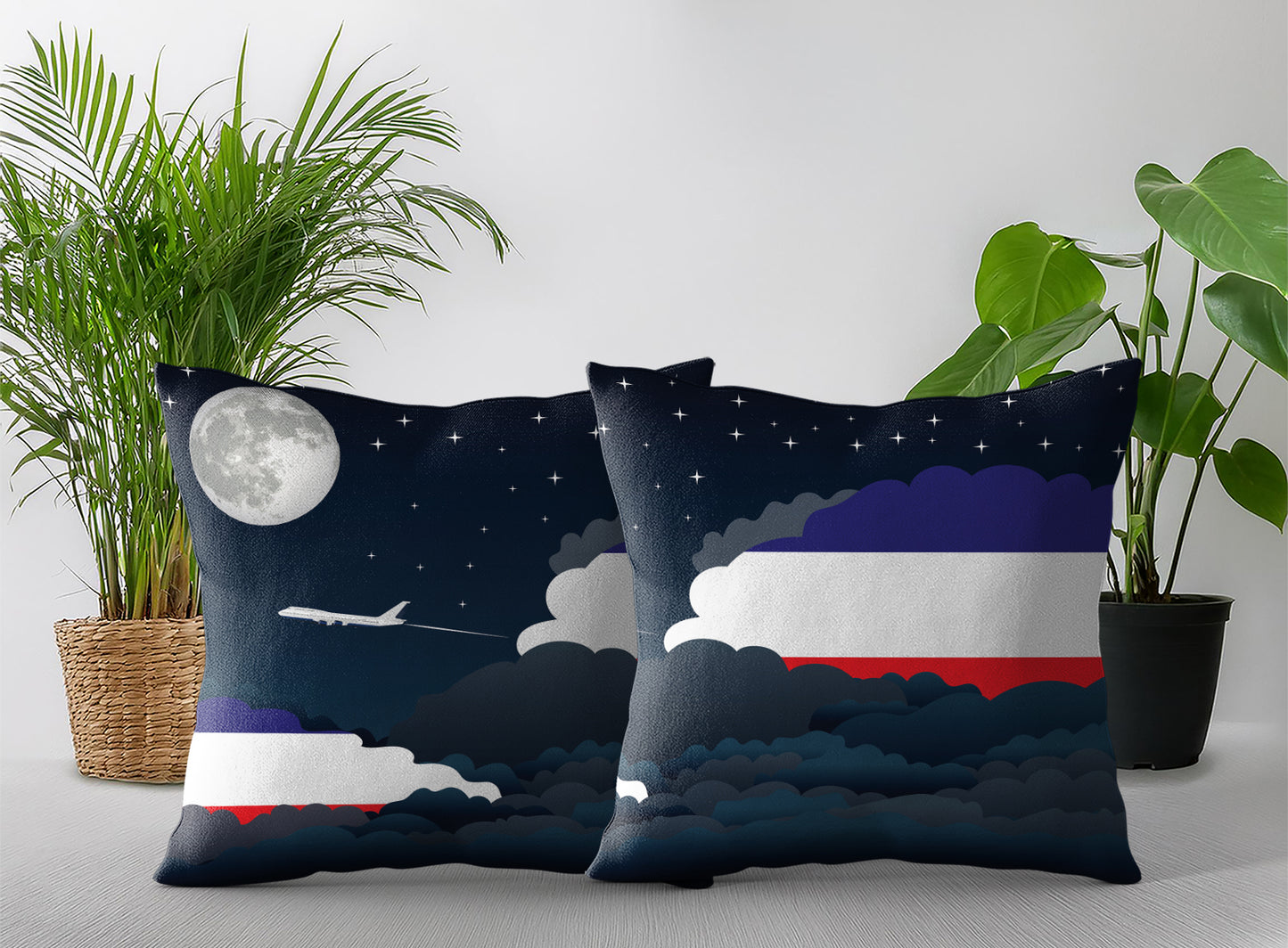 Los Altos World Airplane Night Clouds Square & Rectangle Pillow Cases | Aviation Night Sky Pillow Covers