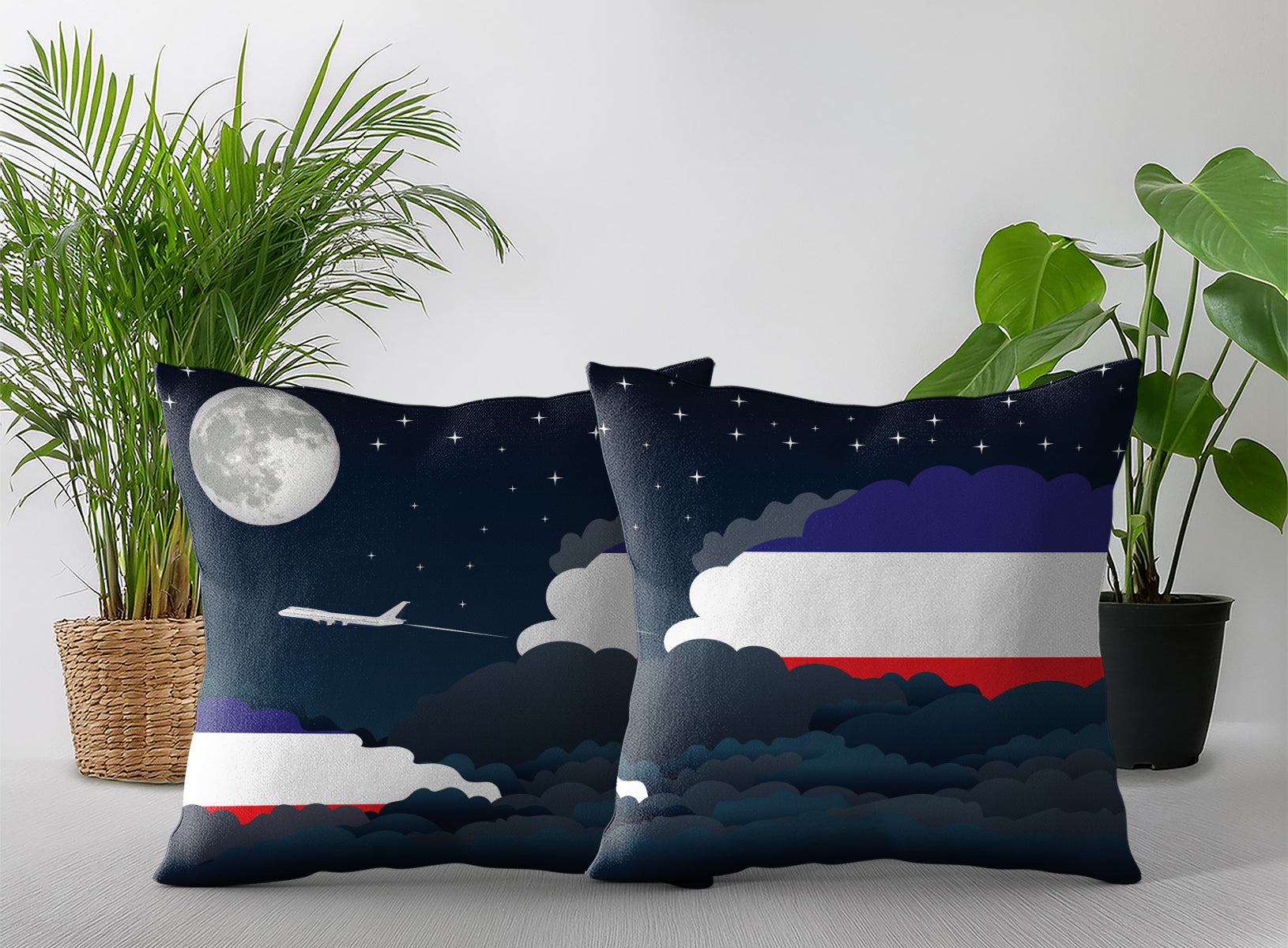 Los Altos World Airplane Night Clouds Square & Rectangle Pillow Cases | Aviation Night Sky Pillow Covers