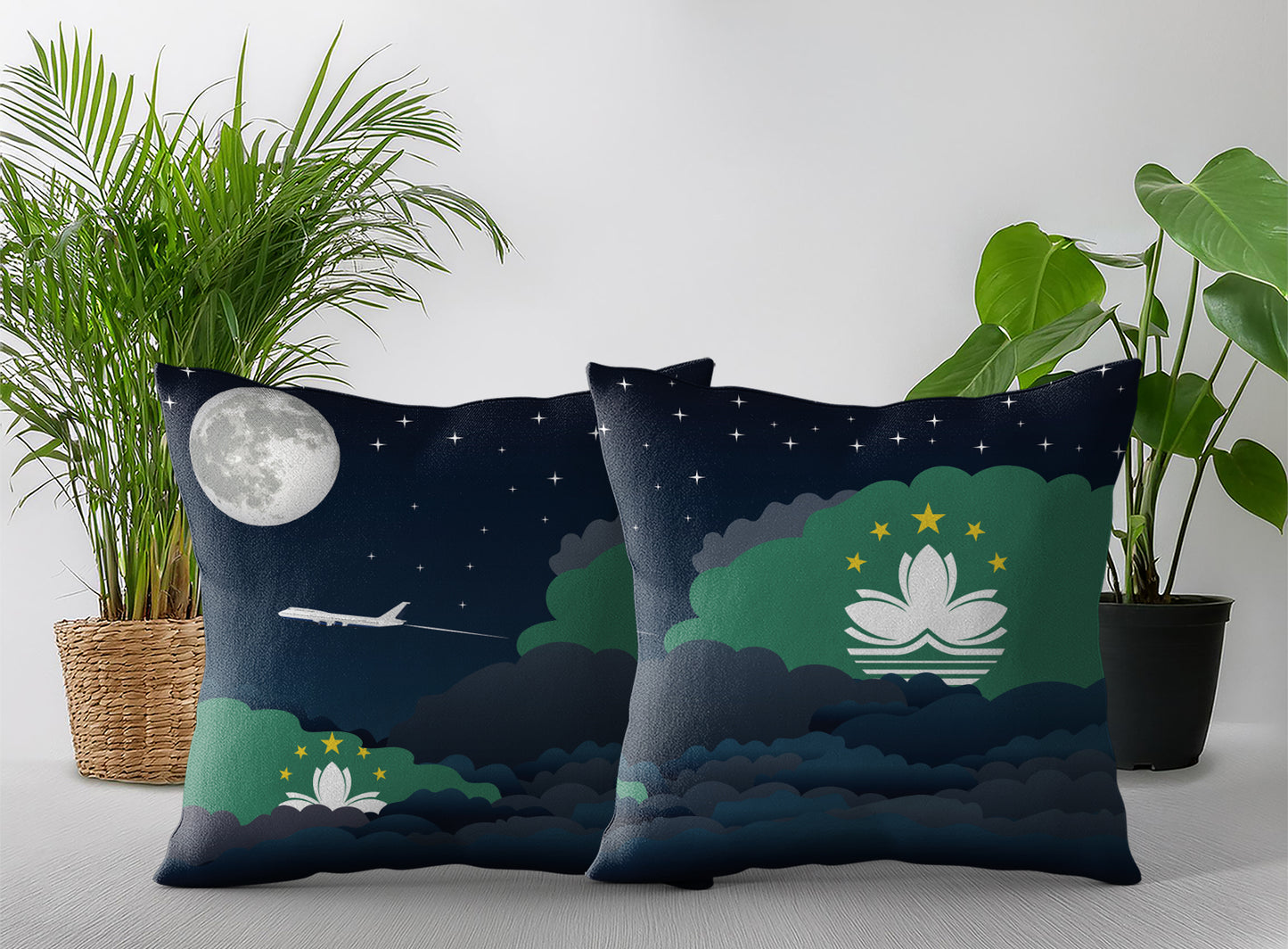 Macau World Airplane Night Clouds Square & Rectangle Pillow Cases | Aviation Night Sky Pillow Covers