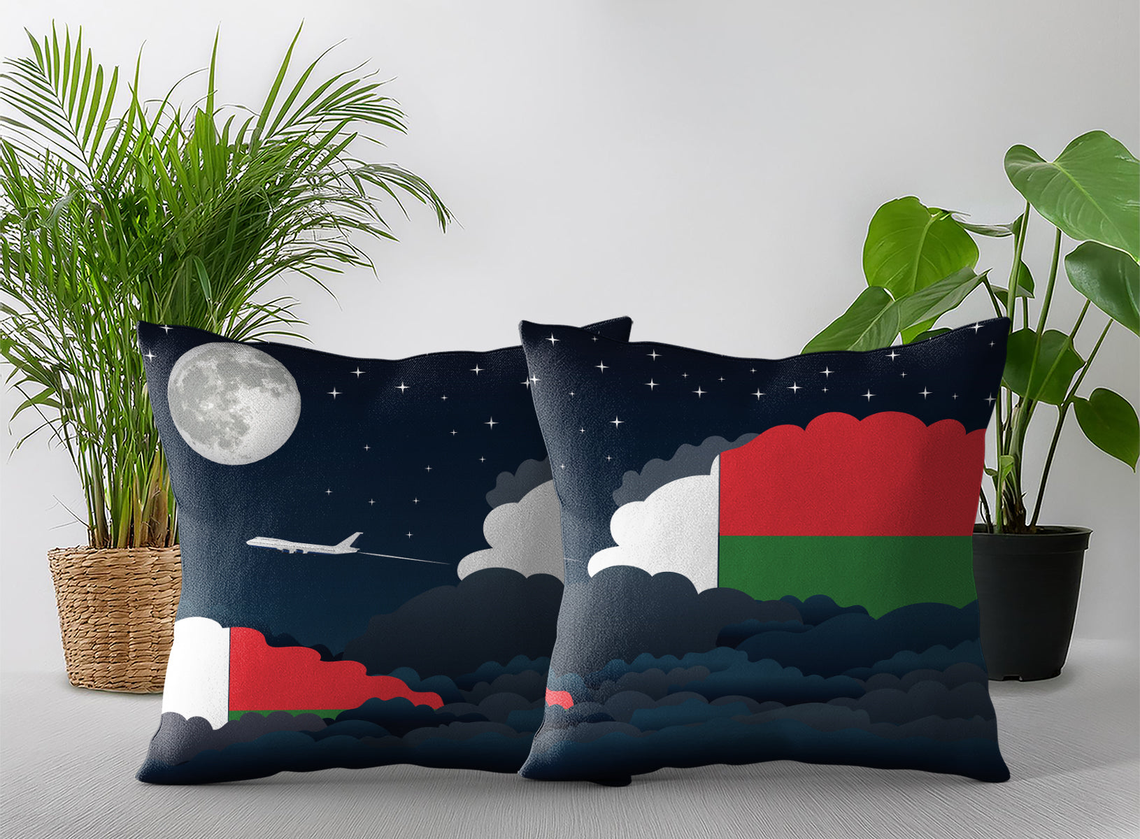 Madagascar World Airplane Night Clouds Square & Rectangle Pillow Cases | Aviation Night Sky Pillow Covers