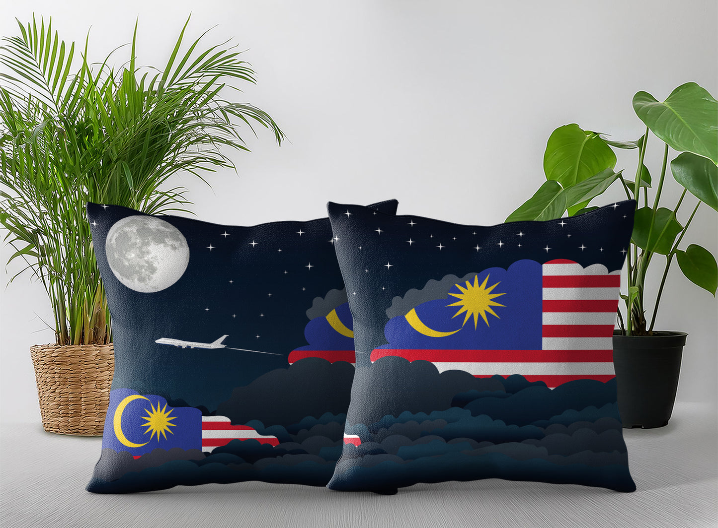 Malaysia World Airplane Night Clouds Square & Rectangle Pillow Cases | Aviation Night Sky Pillow Covers