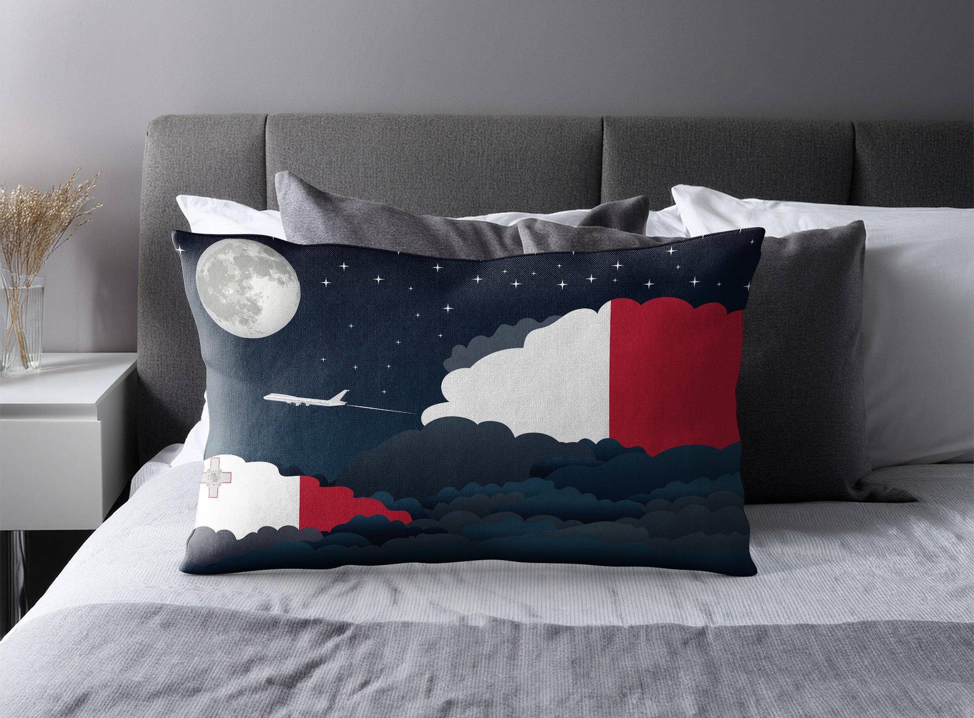 Malta World Airplane Night Clouds Square & Rectangle Pillow Cases | Aviation Night Sky Pillow Covers