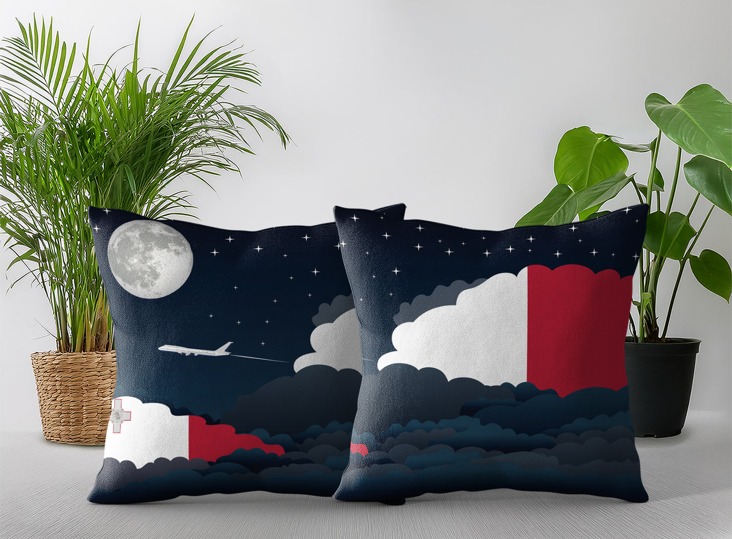 Malta World Airplane Night Clouds Square & Rectangle Pillow Cases | Aviation Night Sky Pillow Covers