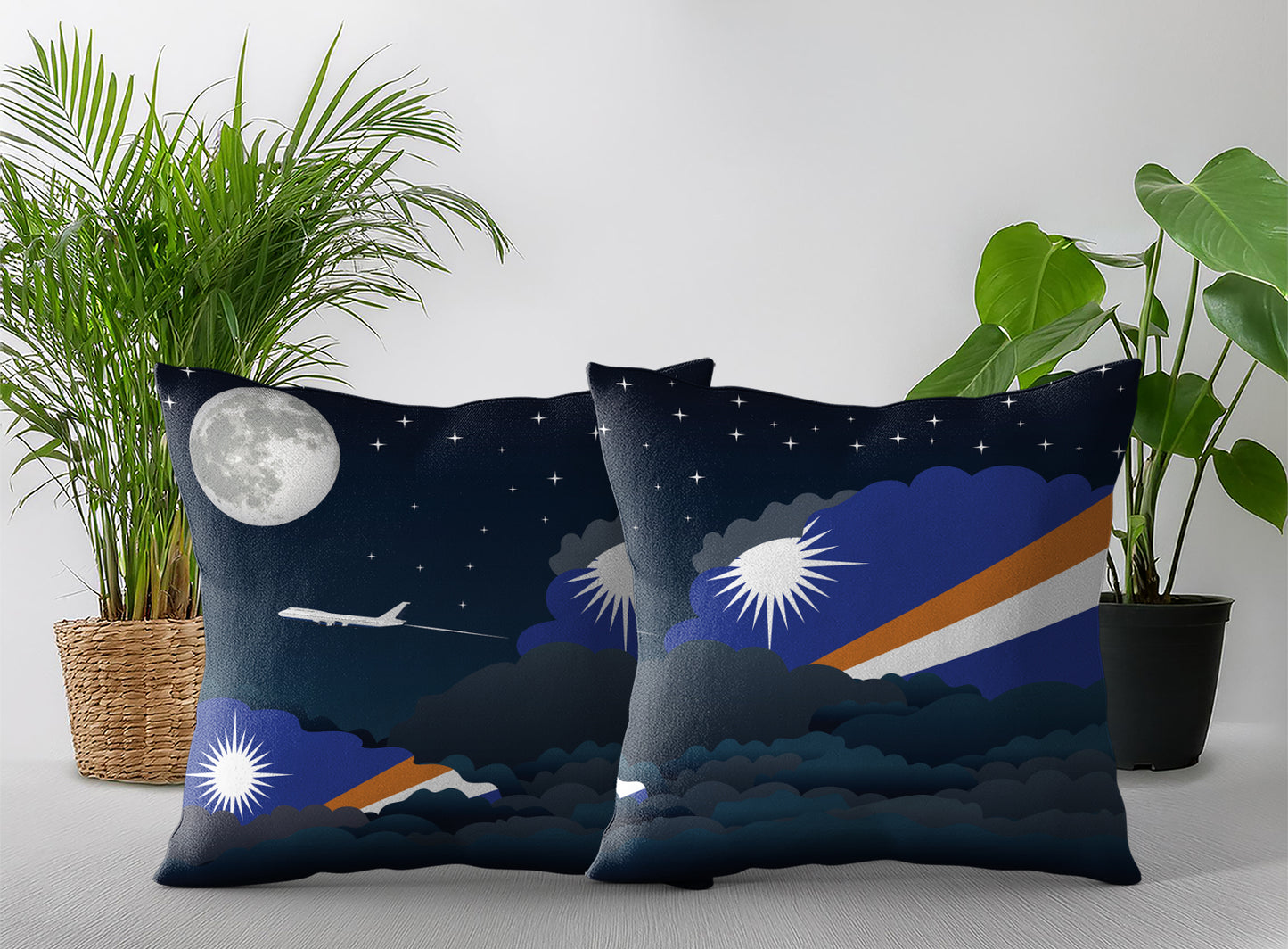 Marshall Islands World Airplane Night Clouds Square & Rectangle Pillow Cases | Aviation Night Sky Pillow Covers