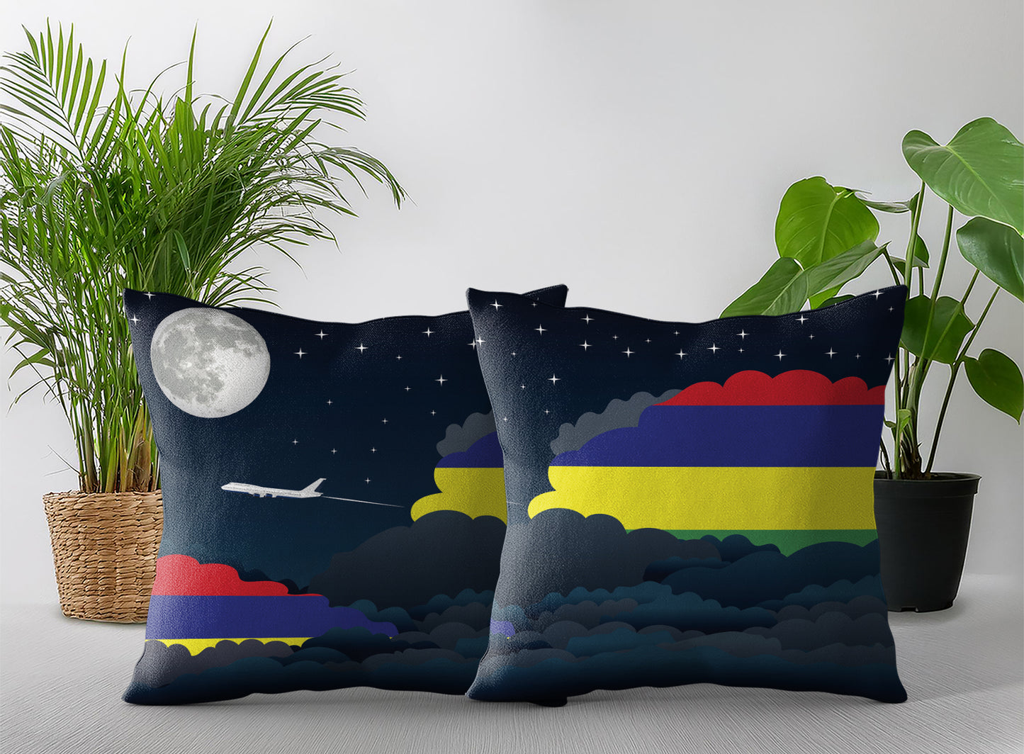 Mauritius World Airplane Night Clouds Square & Rectangle Pillow Cases | Aviation Night Sky Pillow Covers