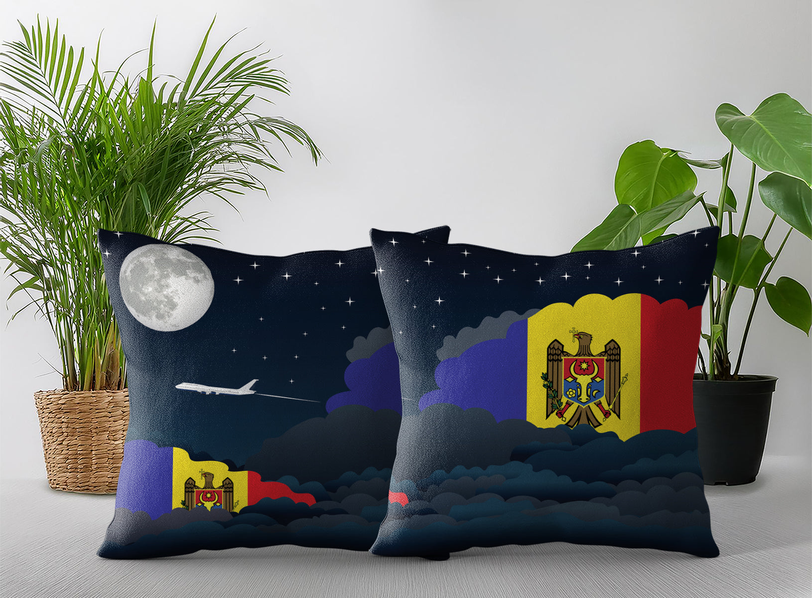 Moldova World Airplane Night Clouds Square & Rectangle Pillow Cases | Aviation Night Sky Pillow Covers