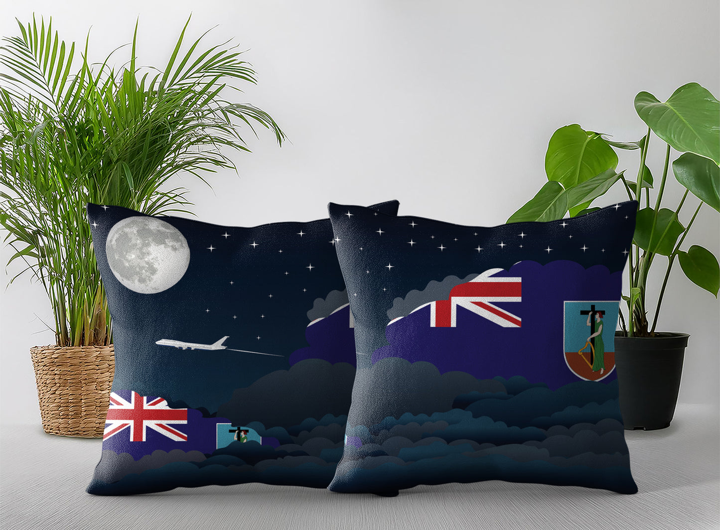 Montserrat World Airplane Night Clouds Square & Rectangle Pillow Cases | Aviation Night Sky Pillow Covers