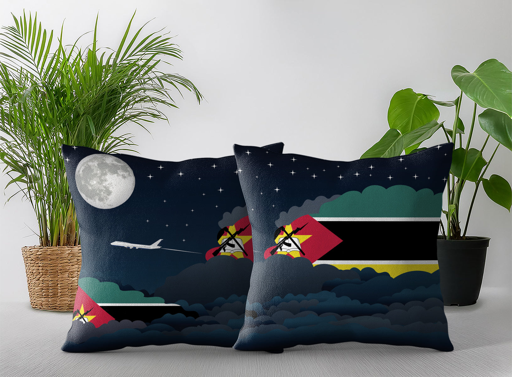 Mozambique World Airplane Night Clouds Square & Rectangle Pillow Cases | Aviation Night Sky Pillow Covers