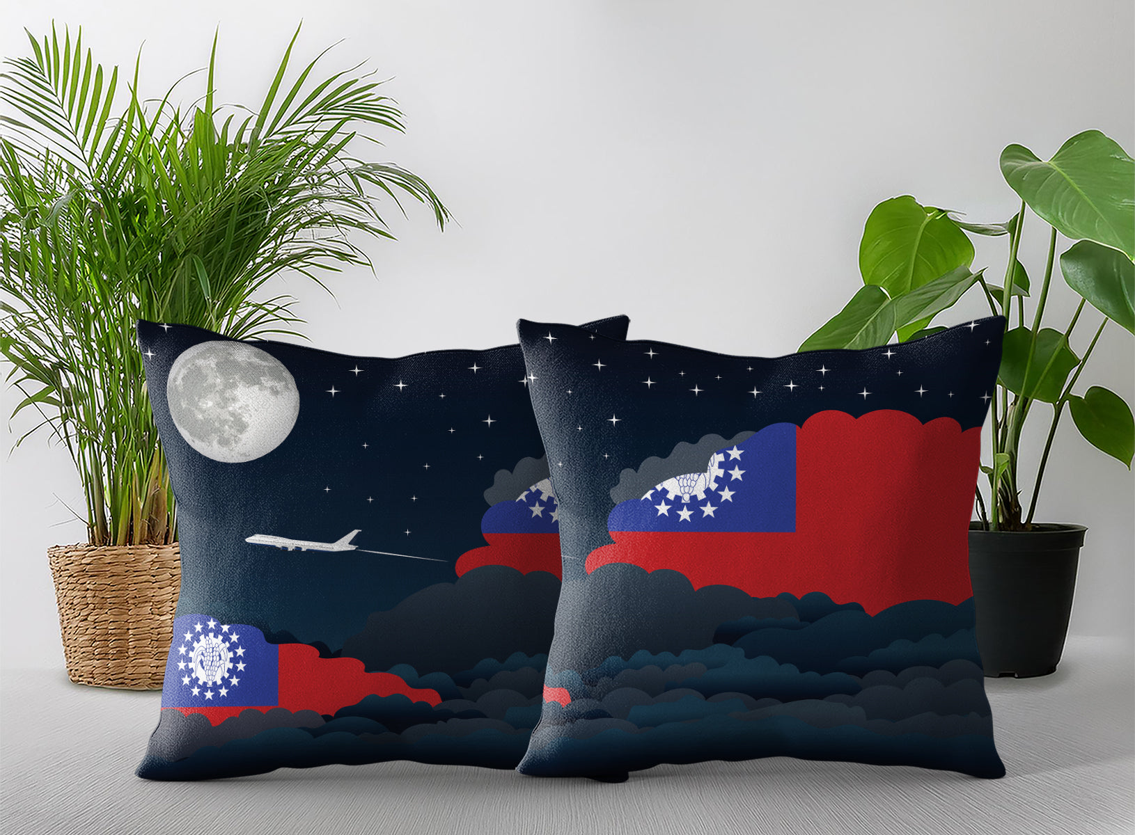 Myanmar Burma World Airplane Night Clouds Square & Rectangle Pillow Cases | Aviation Night Sky Pillow Covers
